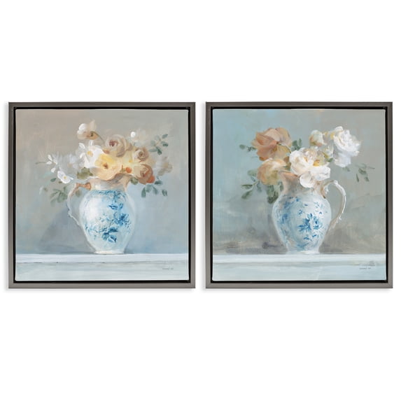 Stupell Industries Heirloom Bouquet Pitcher Plants & Flowers Painting Gray Floater Framed Canvas Art Print Wall Art, 18 x 18, Set of 2