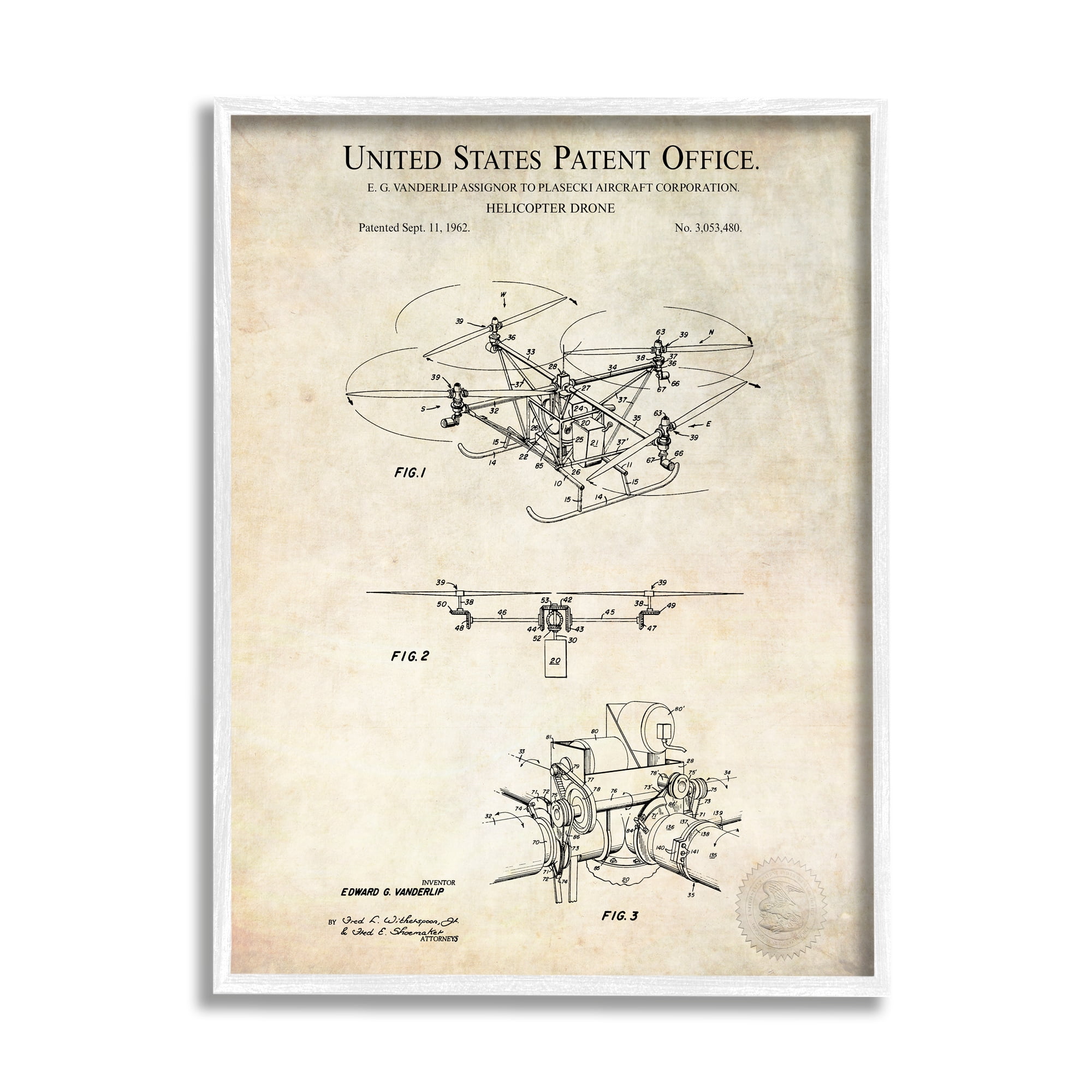 Stupell Industries Helicopter Aircraft Engine Blueprint Diagram Patent Text Framed Wall Art, 16 x 20, Design by Karl Hronek