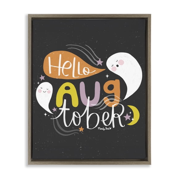 Stupell Industries Hello Augtober with Ghosts Quotes and Sayings Painting Brown Floater Framed Canvas Art Print Wall Art, 17 x 21