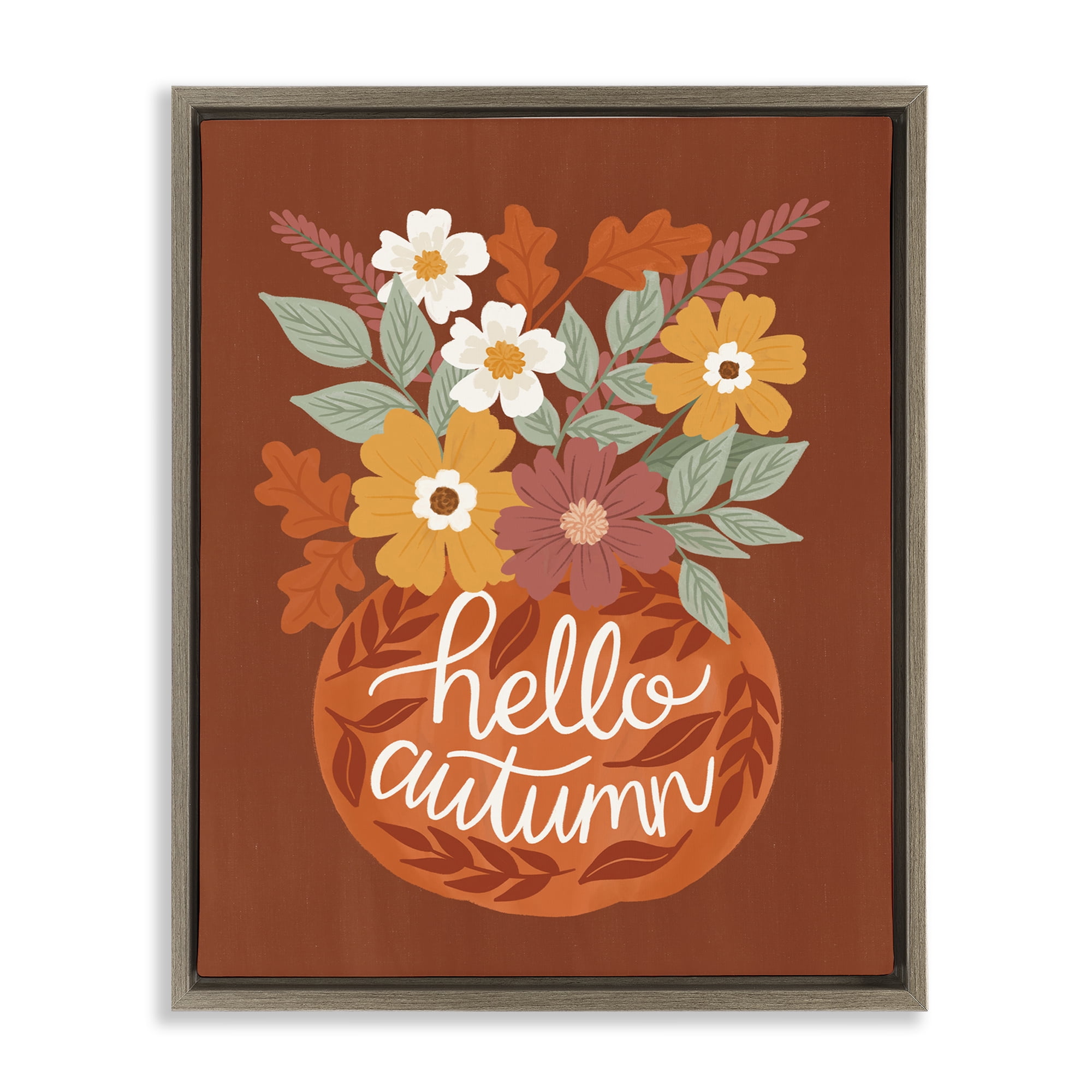 Stupell Industries Hello Autumn Earthy Bouquet Plants & Flowers Painting Brown Floater Framed Canvas Art Print Wall Art, 17 x 21