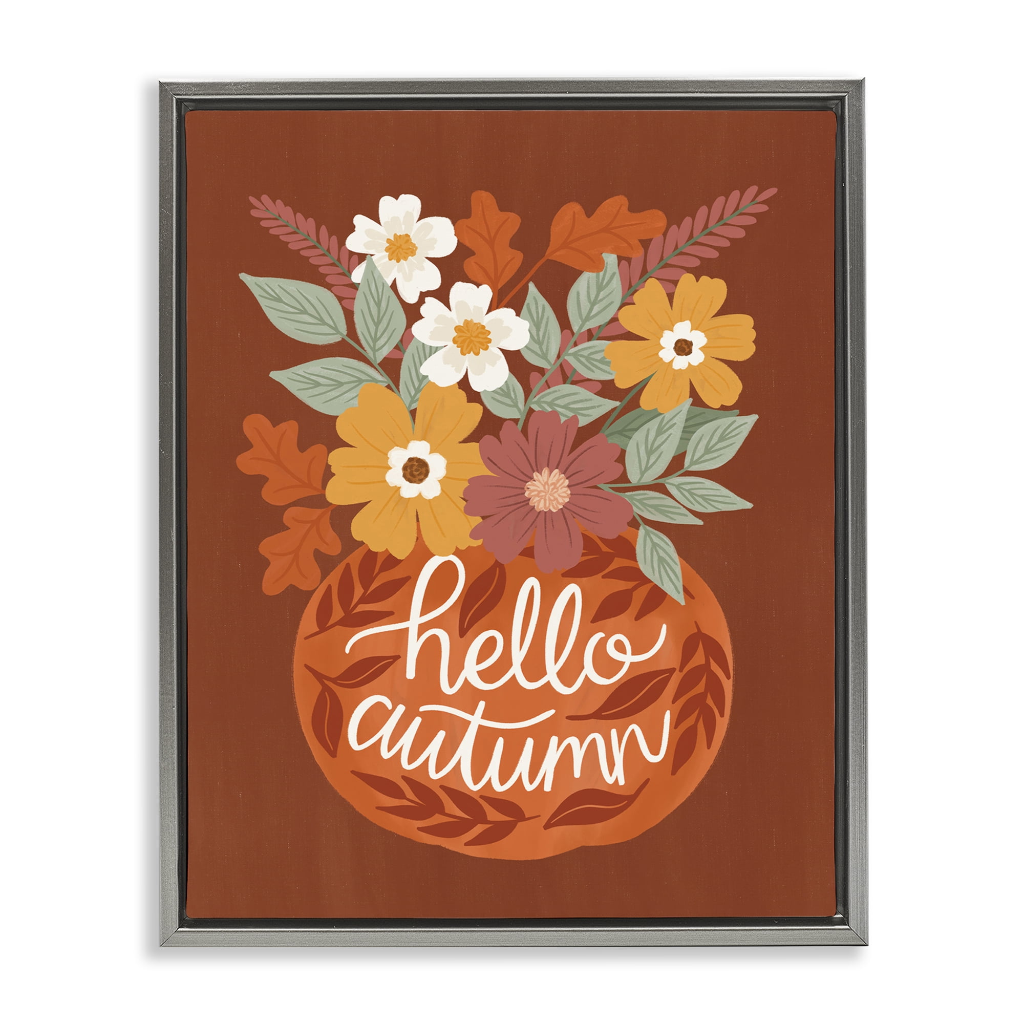 Stupell Industries Hello Autumn Earthy Bouquet Plants & Flowers Painting Gray Floater Framed Canvas Art Print Wall Art, 17 x 21