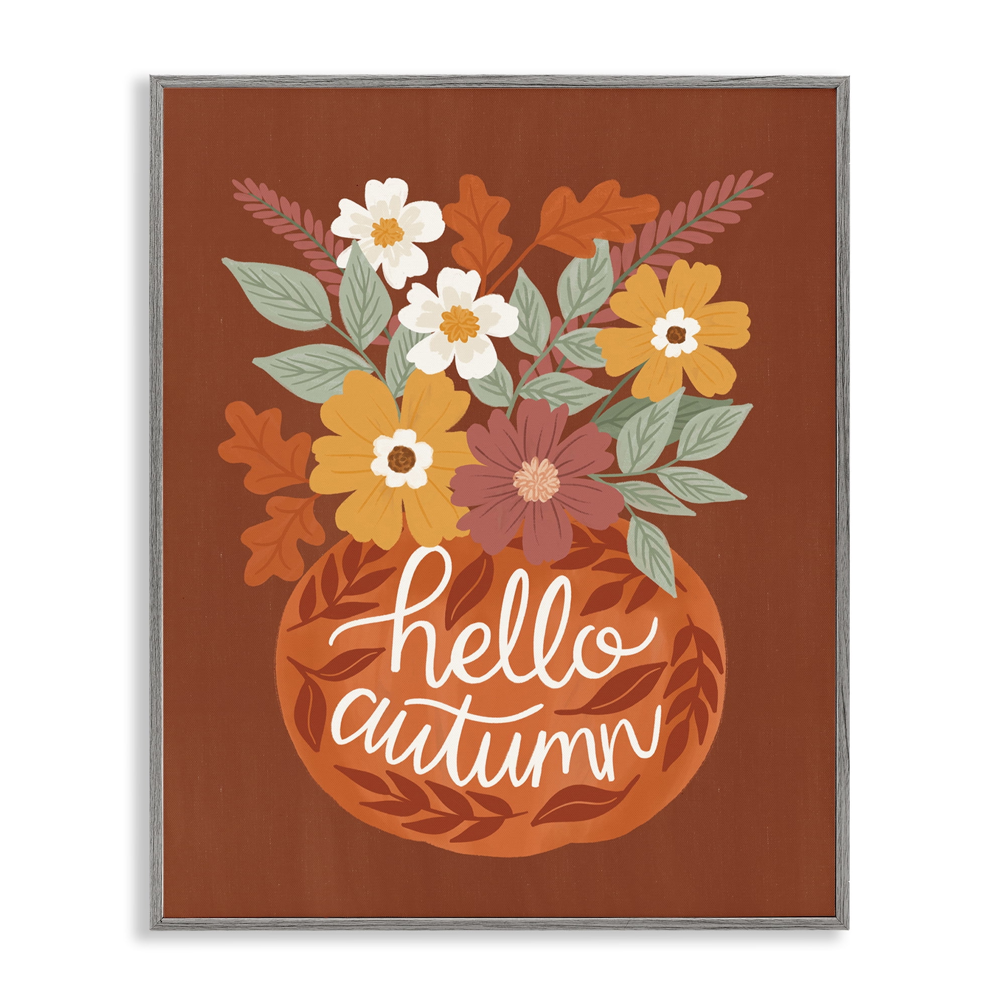 Stupell Industries Hello Autumn Earthy Bouquet Plants & Flowers Painting Gray Framed Art Print Wall Art, 16 x 20