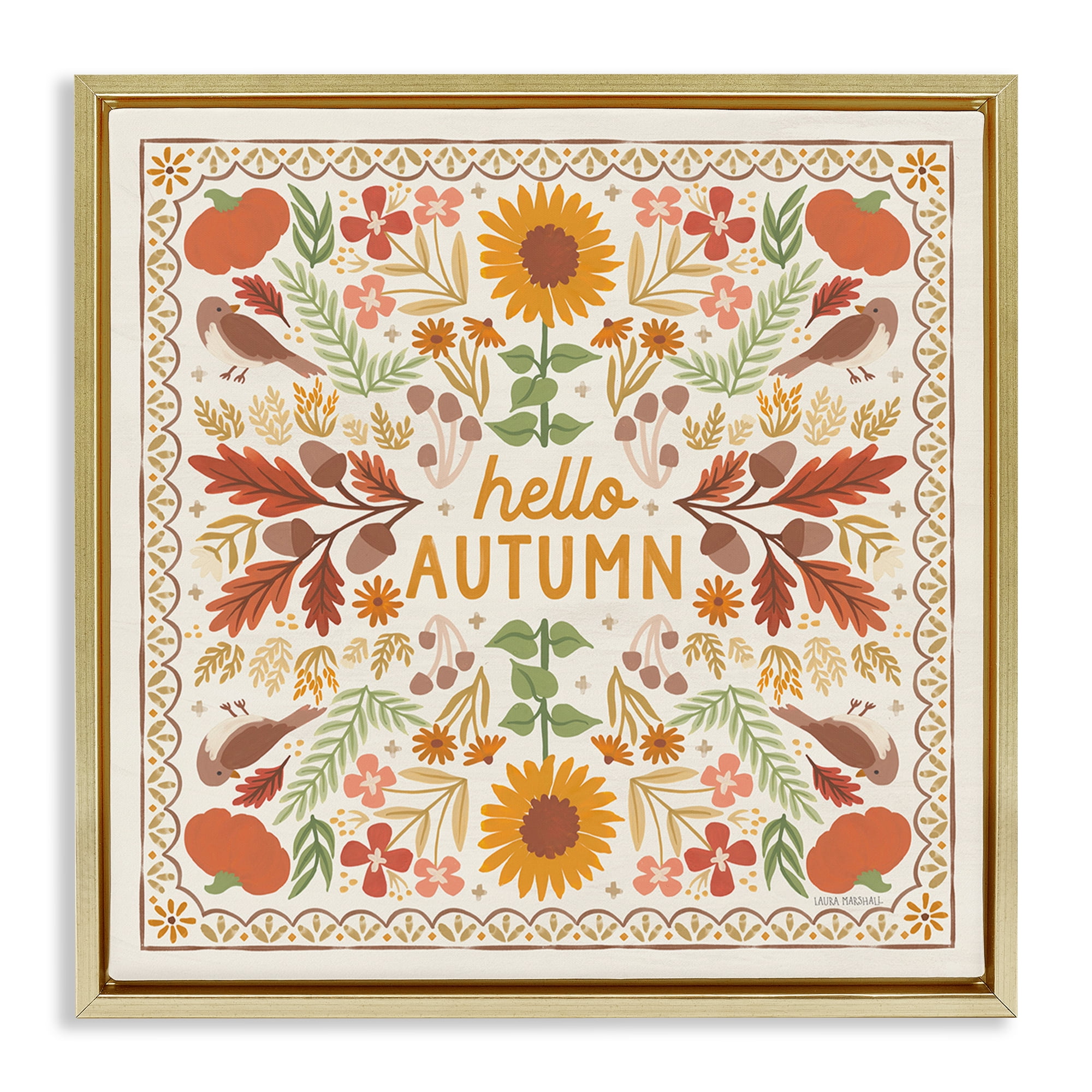 Stupell Industries Hello Autumn Pattern Landscape Painting Gold Floater Framed Art Print Wall Art, 18 x 18