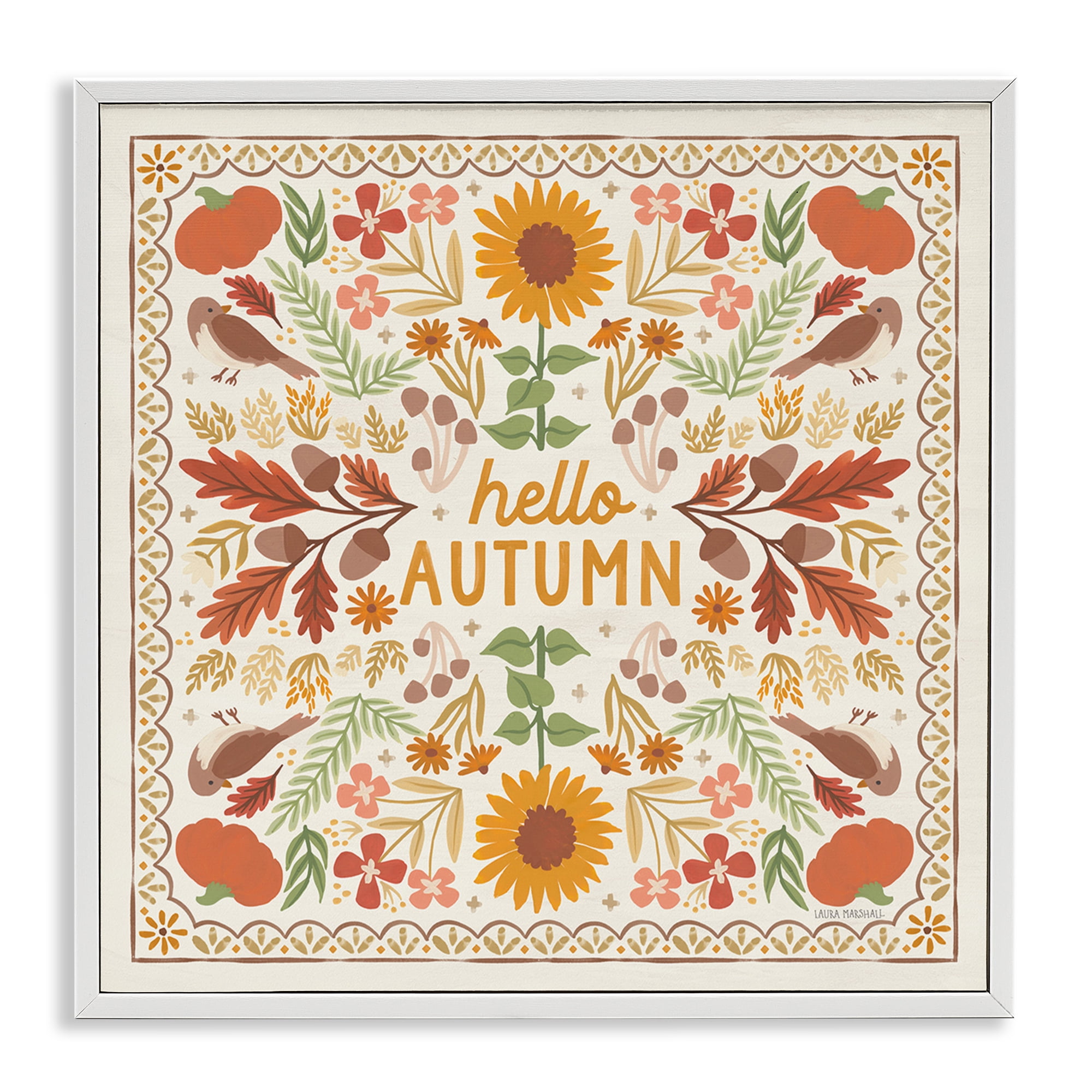 Stupell Industries Hello Autumn Pattern Landscape Painting White Framed Art Print Wall Art, 12 x 12