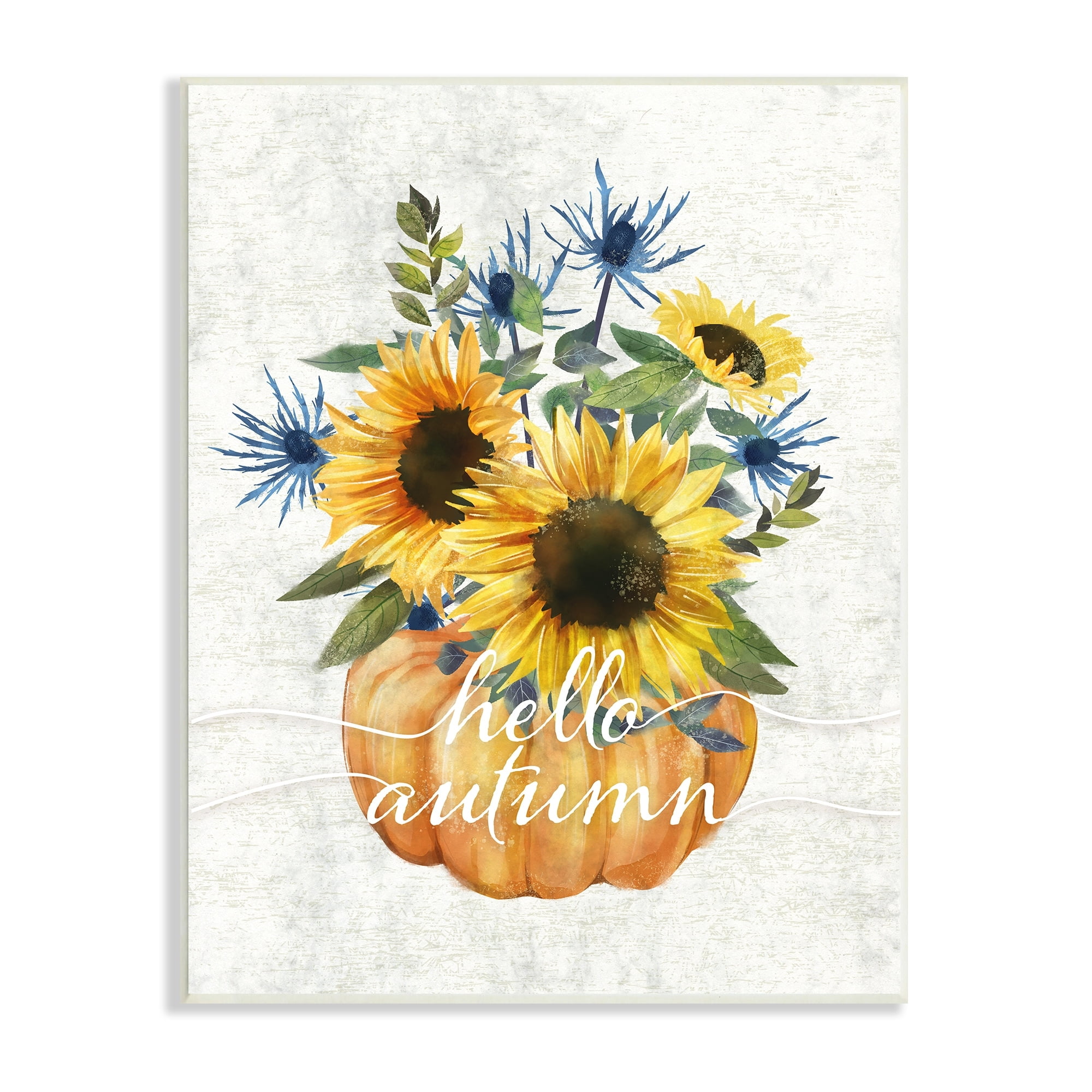 Stupell Industries Hello Autumn Phrase Blue Thistle Sunflower Pumpkin, 13 x 19,Design by Ziwei Li
