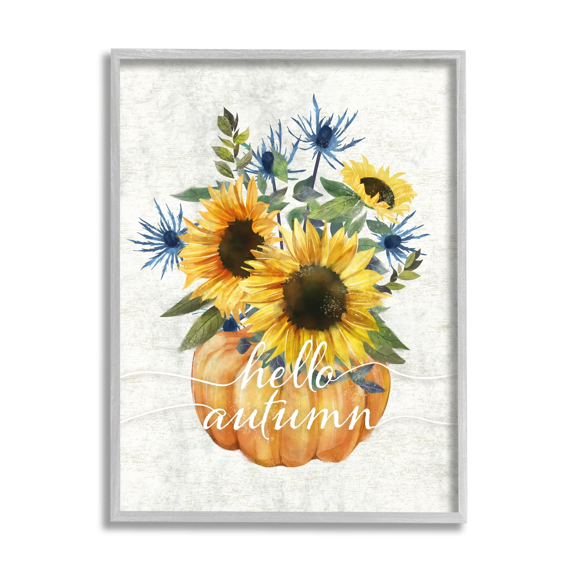 Stupell Industries Hello Autumn Phrase Blue Thistle Sunflower Pumpkin, 24 x 30,Design by Ziwei Li