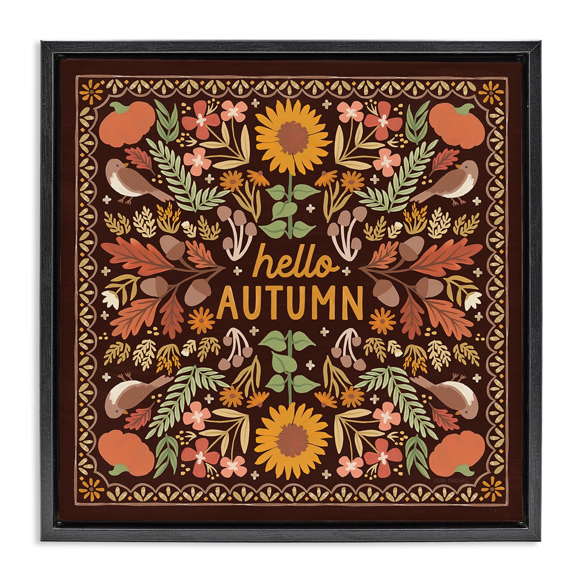 Stupell Industries Hello Autumn on Brown Landscape Painting Black Floater Framed Art Print Wall Art, 18 x 18