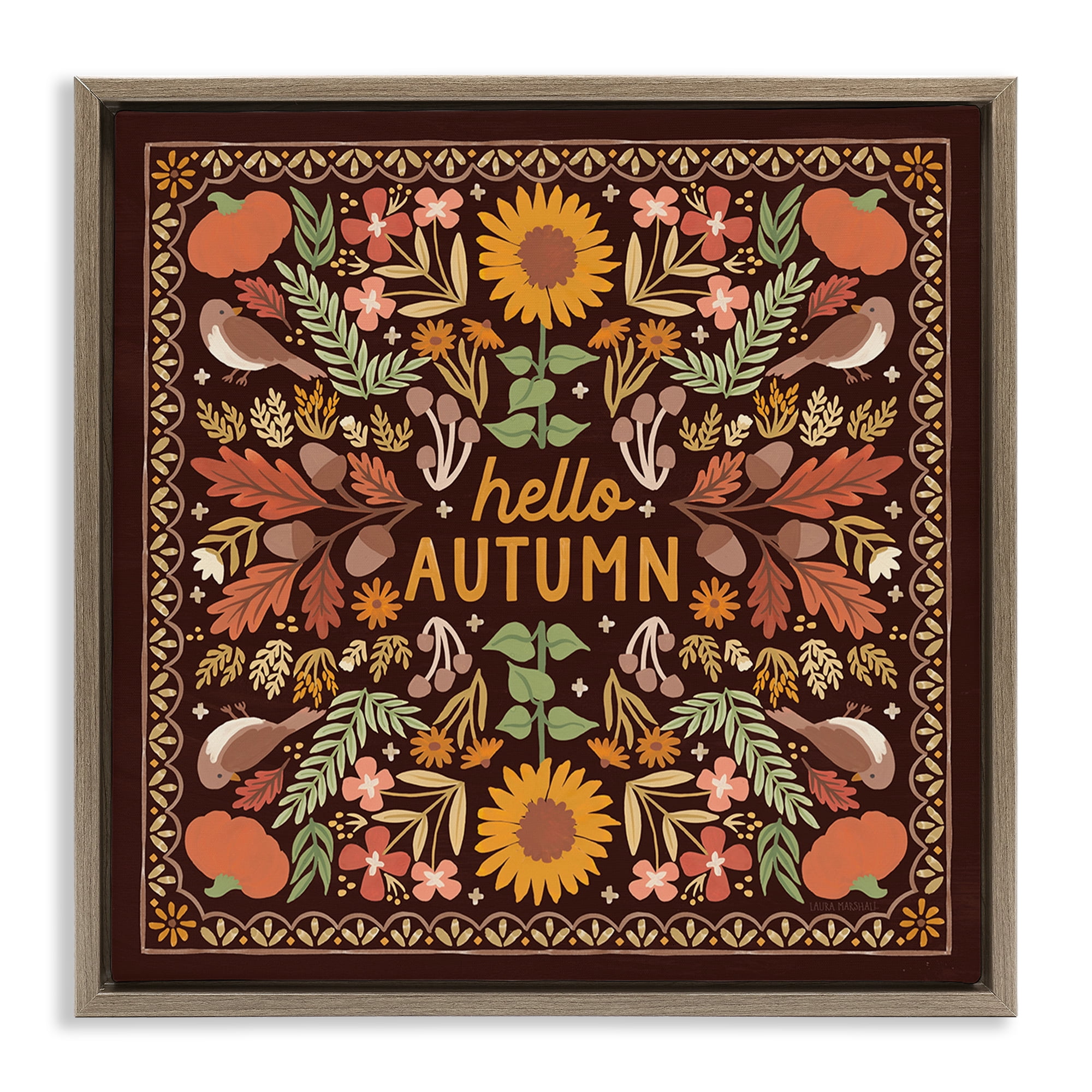 Stupell Industries Hello Autumn on Brown Landscape Painting Brown Floater Framed Art Print Wall Art, 18 x 18
