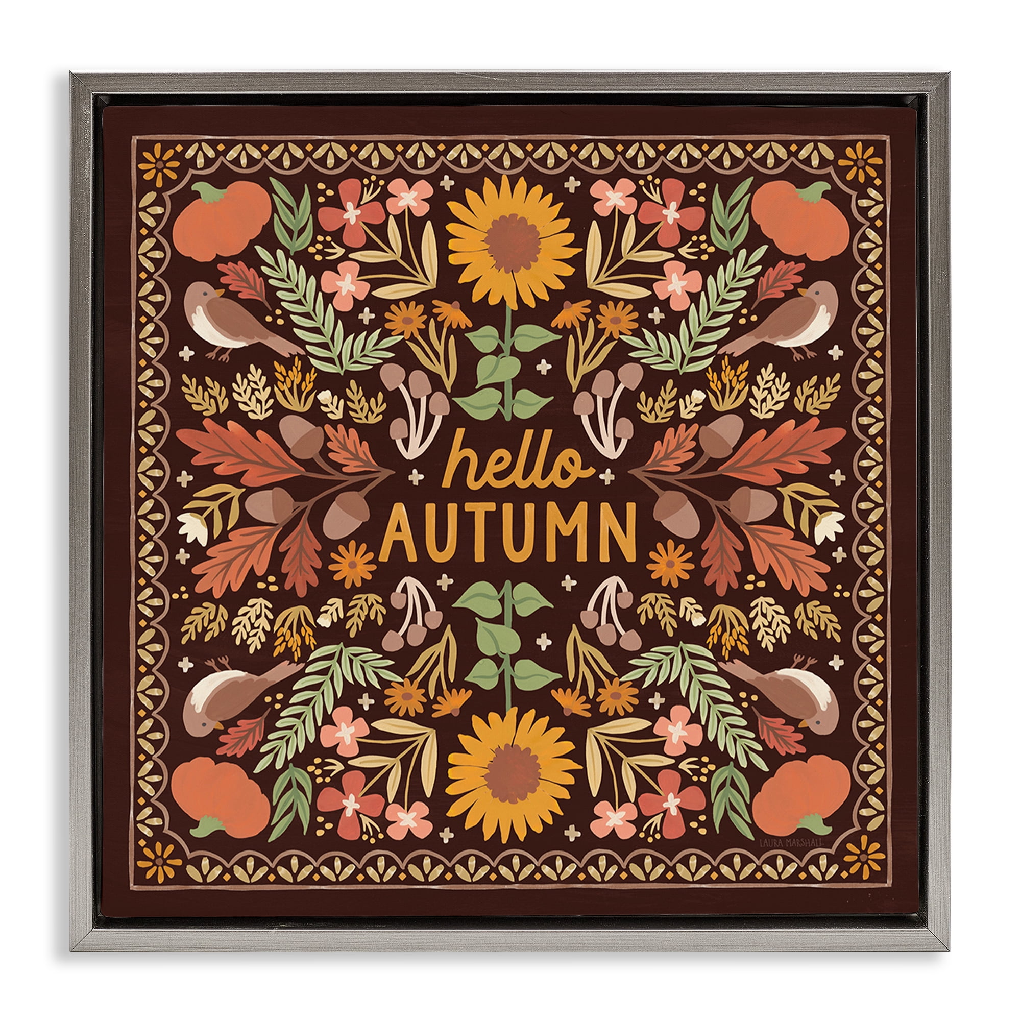 Stupell Industries Hello Autumn on Brown Landscape Painting Gray Floater Framed Art Print Wall Art, 18 x 18