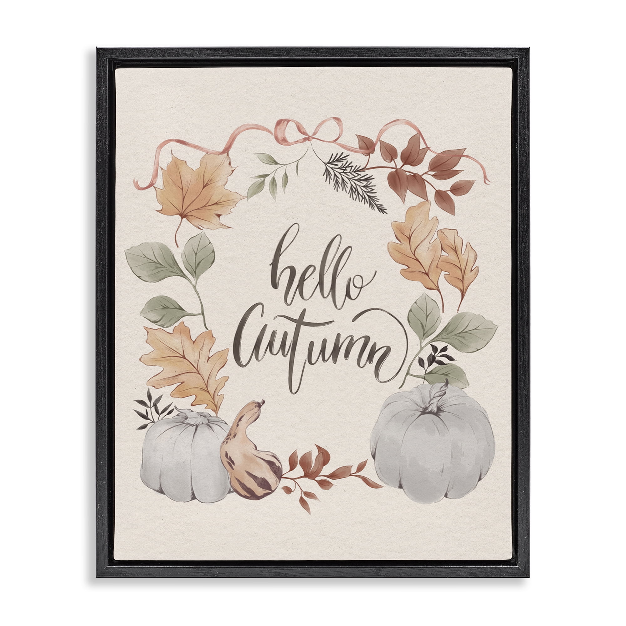 Stupell Industries Hello Autumn with Garland Animals Painting Black Floater Framed Canvas Art Print Wall Art, 17 x 21