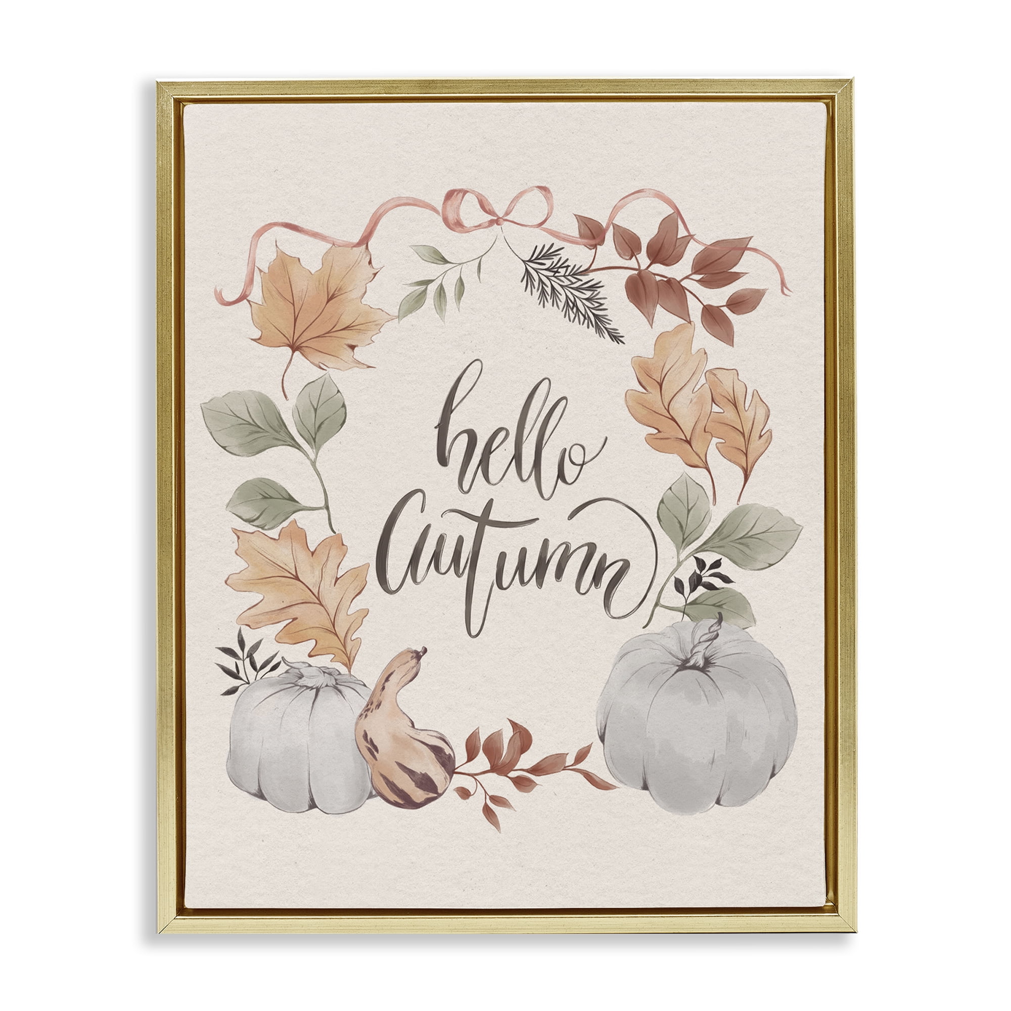Stupell Industries Hello Autumn with Garland Animals Painting Gold Floater Framed Canvas Art Print Wall Art, 17 x 21