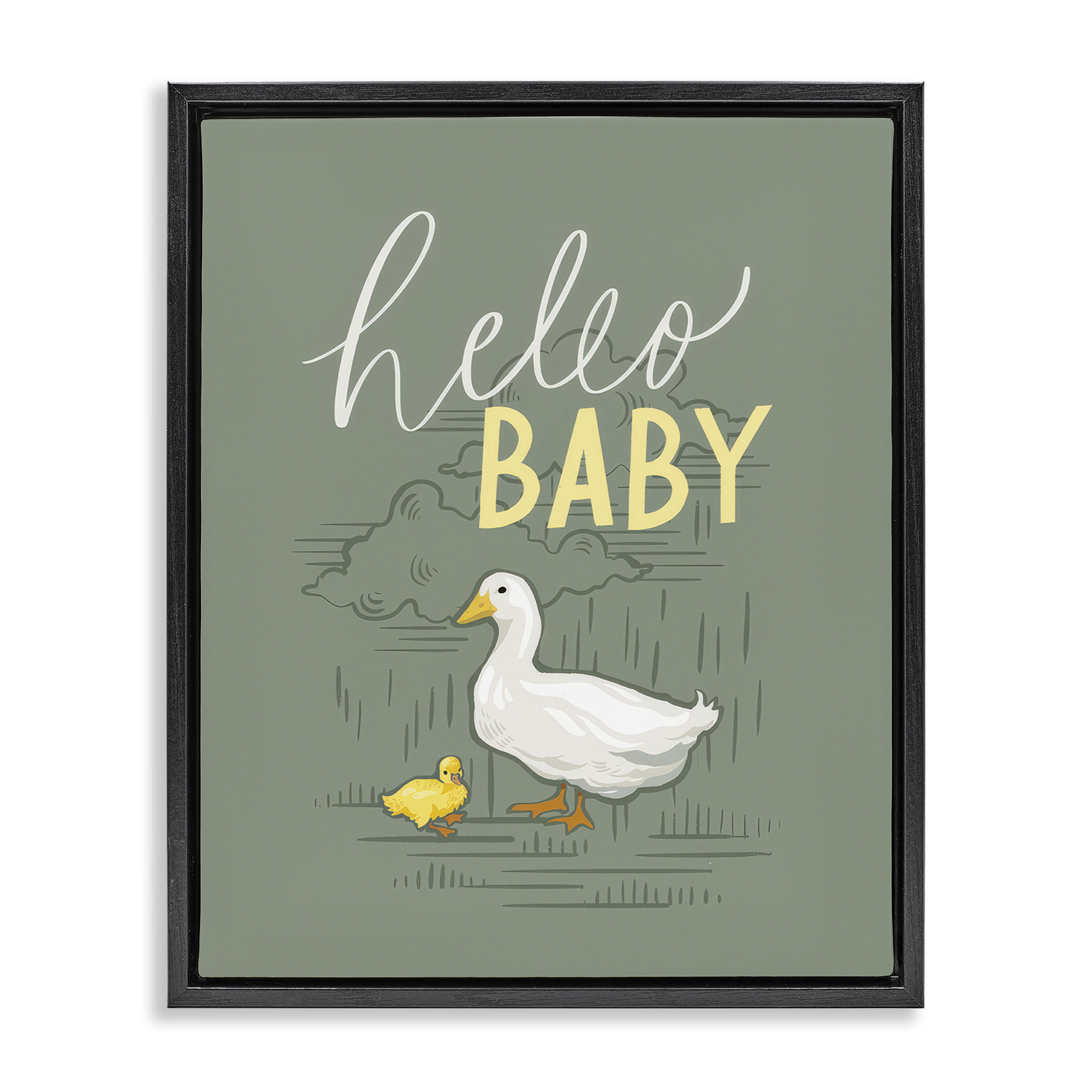 Stupell Industries Hello Baby Duck & Duckling Animals Painting Black Floater Framed Canvas Art Print Wall Art, 17 x 21