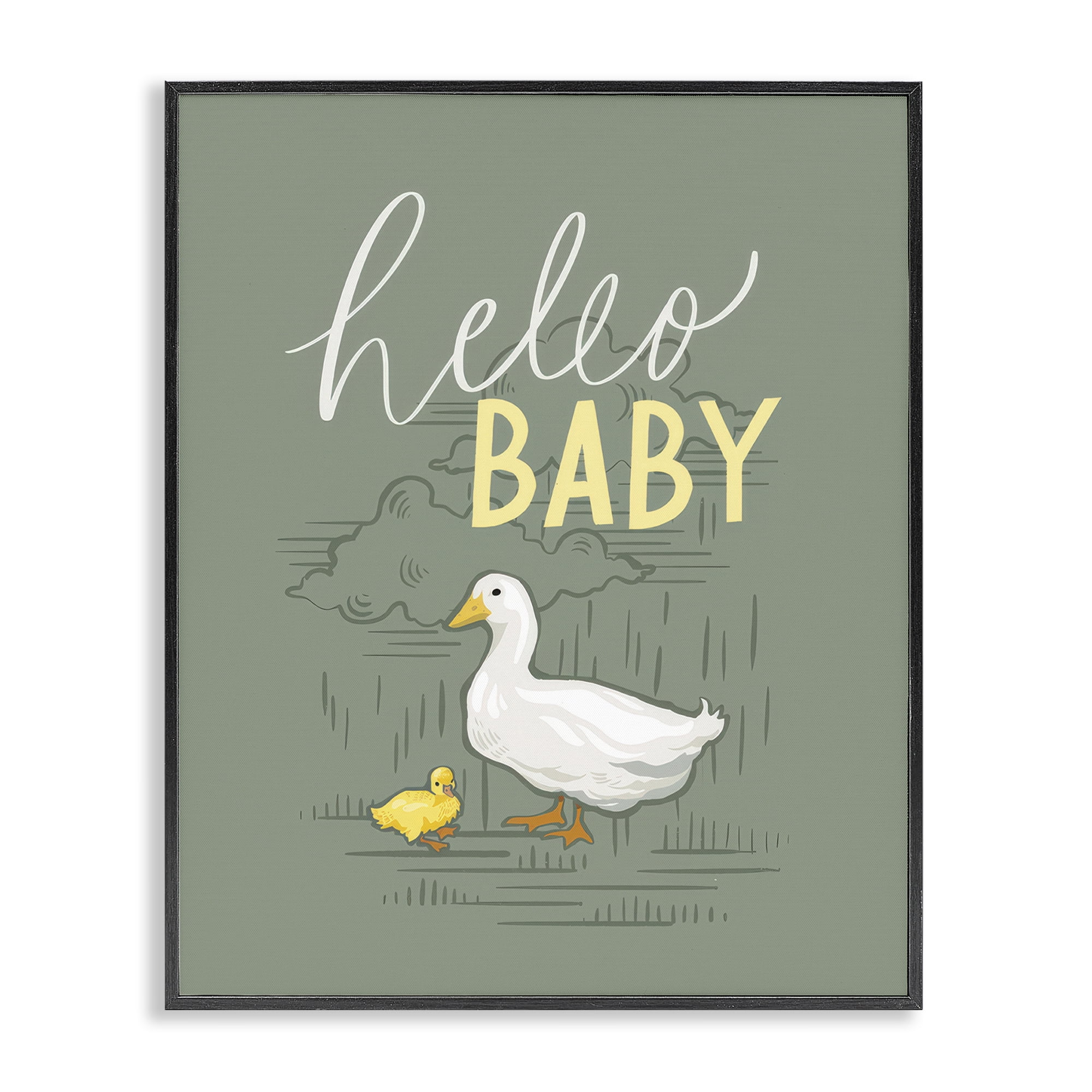 Stupell Industries Hello Baby Duck & Duckling Animals Painting Black Framed Art Print Wall Art, 16 x 20
