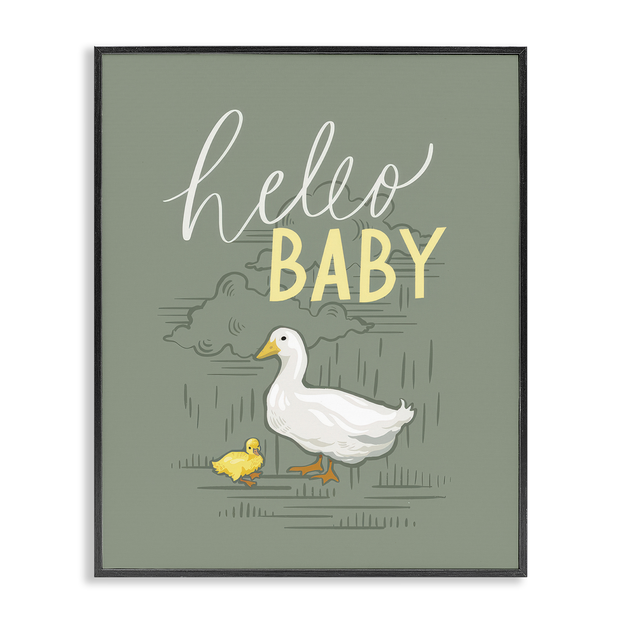 Stupell Industries Hello Baby Duck & Duckling Animals Painting Black Framed Art Print Wall Art, 24 x 30