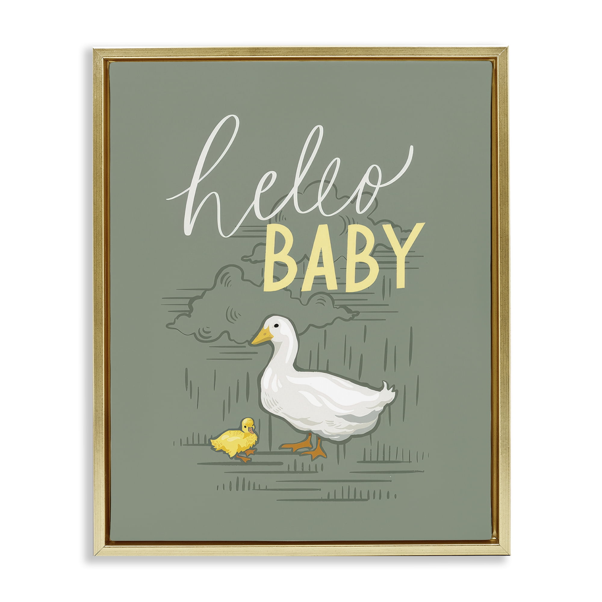 Stupell Industries Hello Baby Duck & Duckling Animals Painting Gold Floater Framed Canvas Art Print Wall Art, 17 x 21