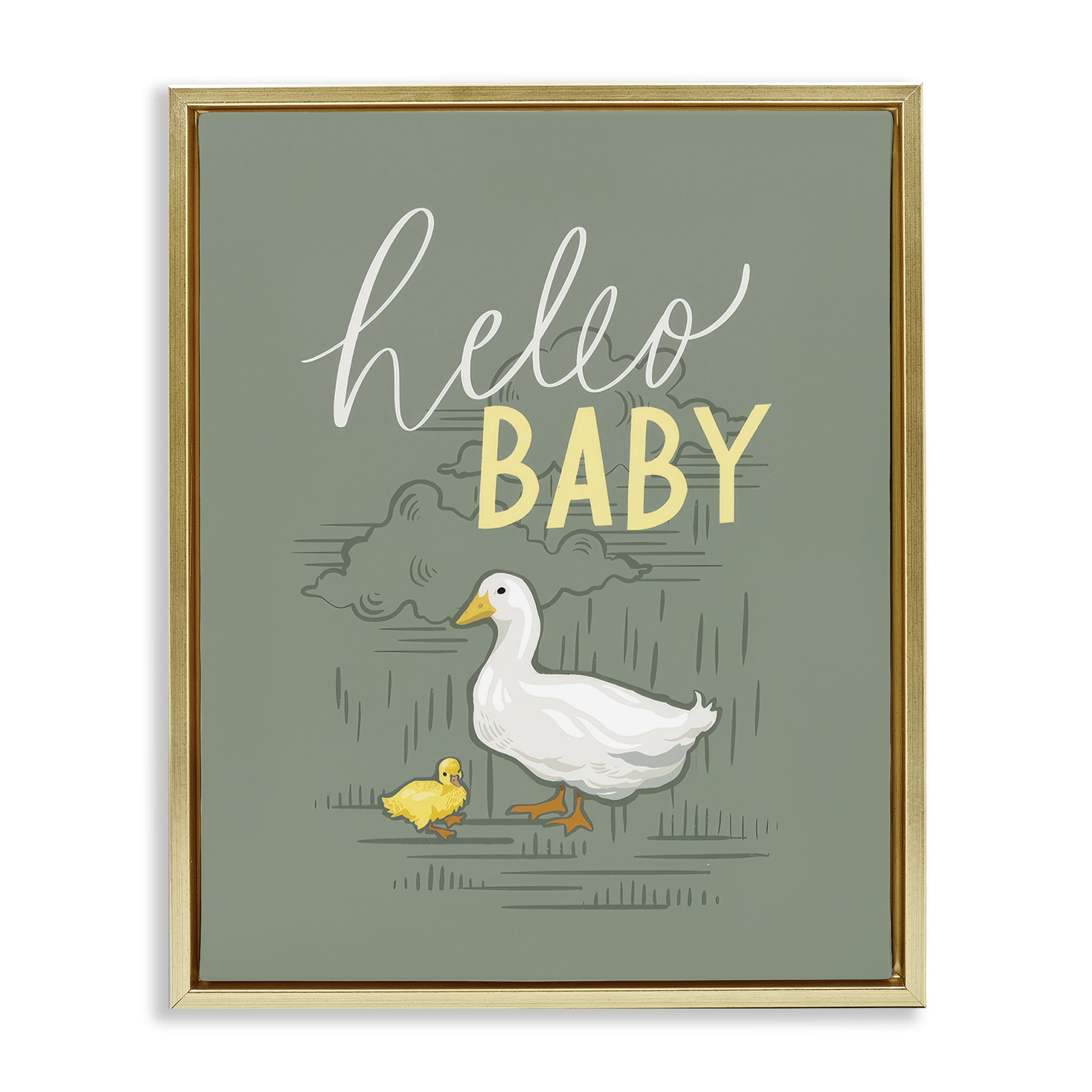 Stupell Industries Hello Baby Duck & Duckling Animals Painting Gold Floater Framed Canvas Art Print Wall Art, 25 x 31