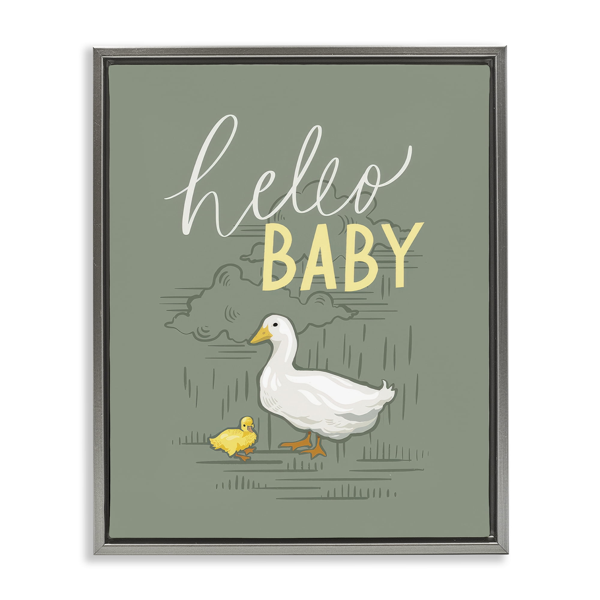 Stupell Industries Hello Baby Duck & Duckling Animals Painting Gray Floater Framed Canvas Art Print Wall Art, 17 x 21