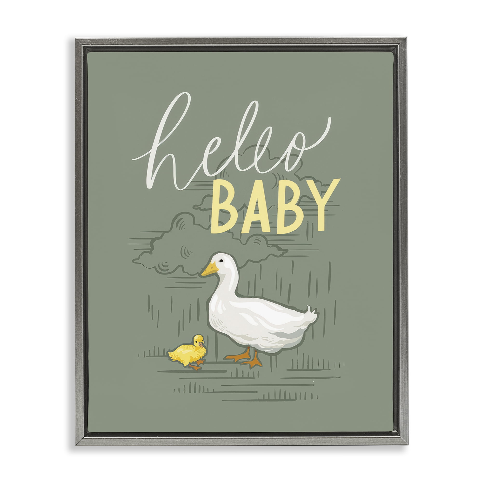 Stupell Industries Hello Baby Duck & Duckling Animals Painting Gray Floater Framed Canvas Art Print Wall Art, 25 x 31
