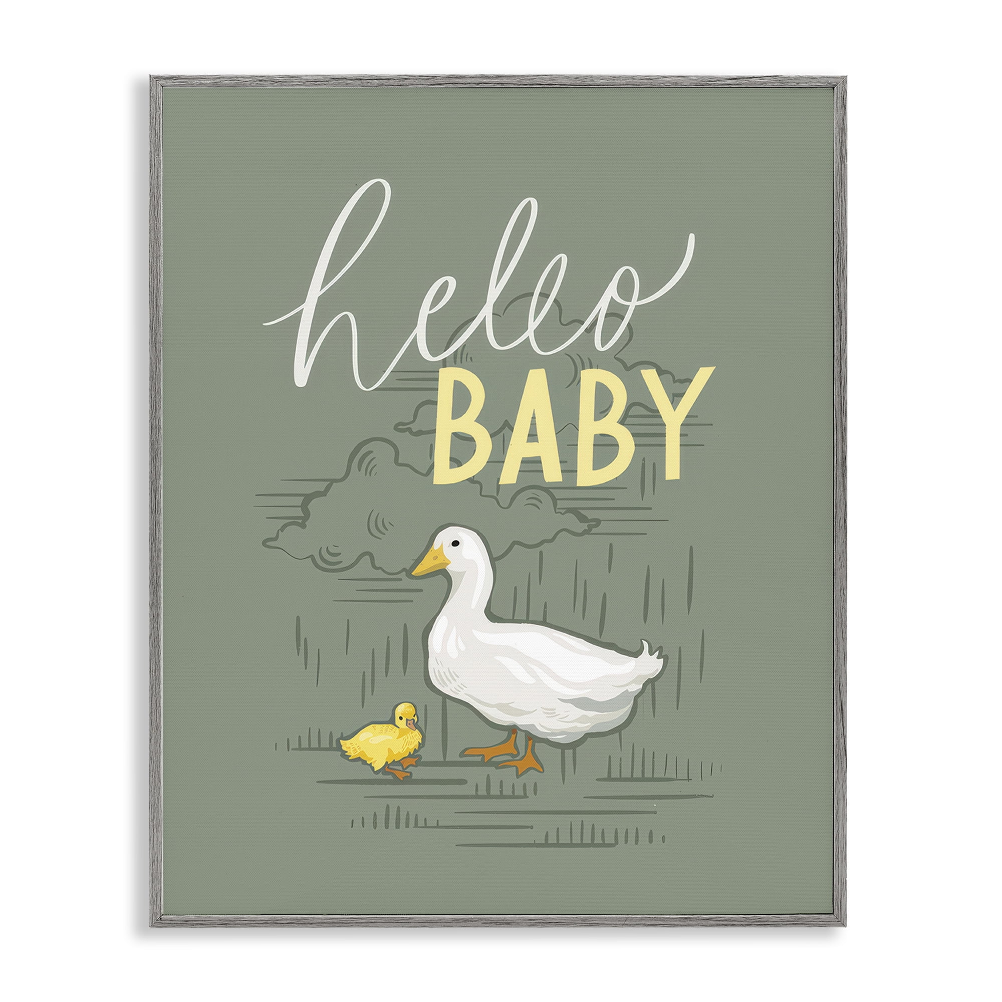Stupell Industries Hello Baby Duck & Duckling Animals Painting Gray Framed Art Print Wall Art, 11 x 14