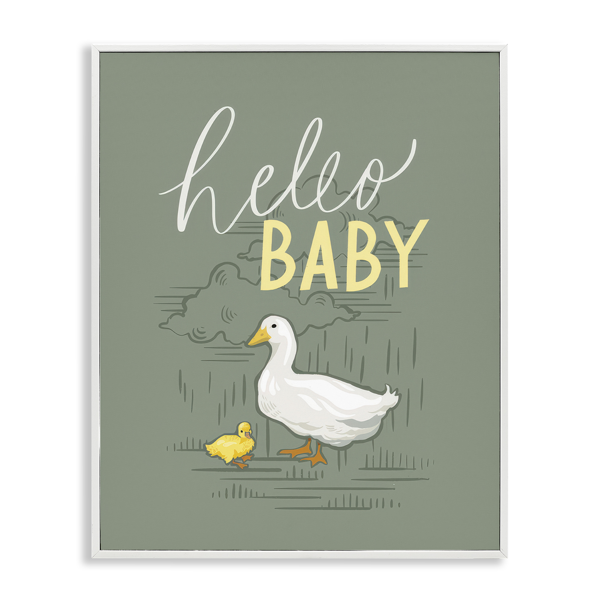 Stupell Industries Hello Baby Duck & Duckling Animals Painting White Framed Art Print Wall Art, 24 x 30
