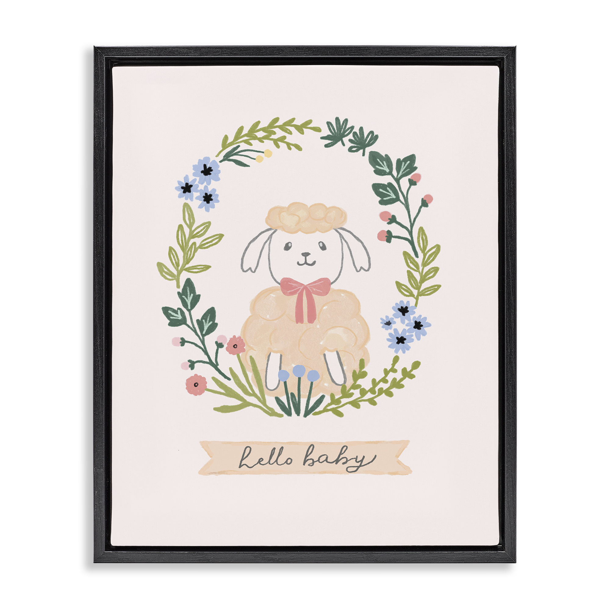 Stupell Industries Hello Baby Floral Lamb Animals Painting Black Floater Framed Canvas Art Print Wall Art, 25 x 31