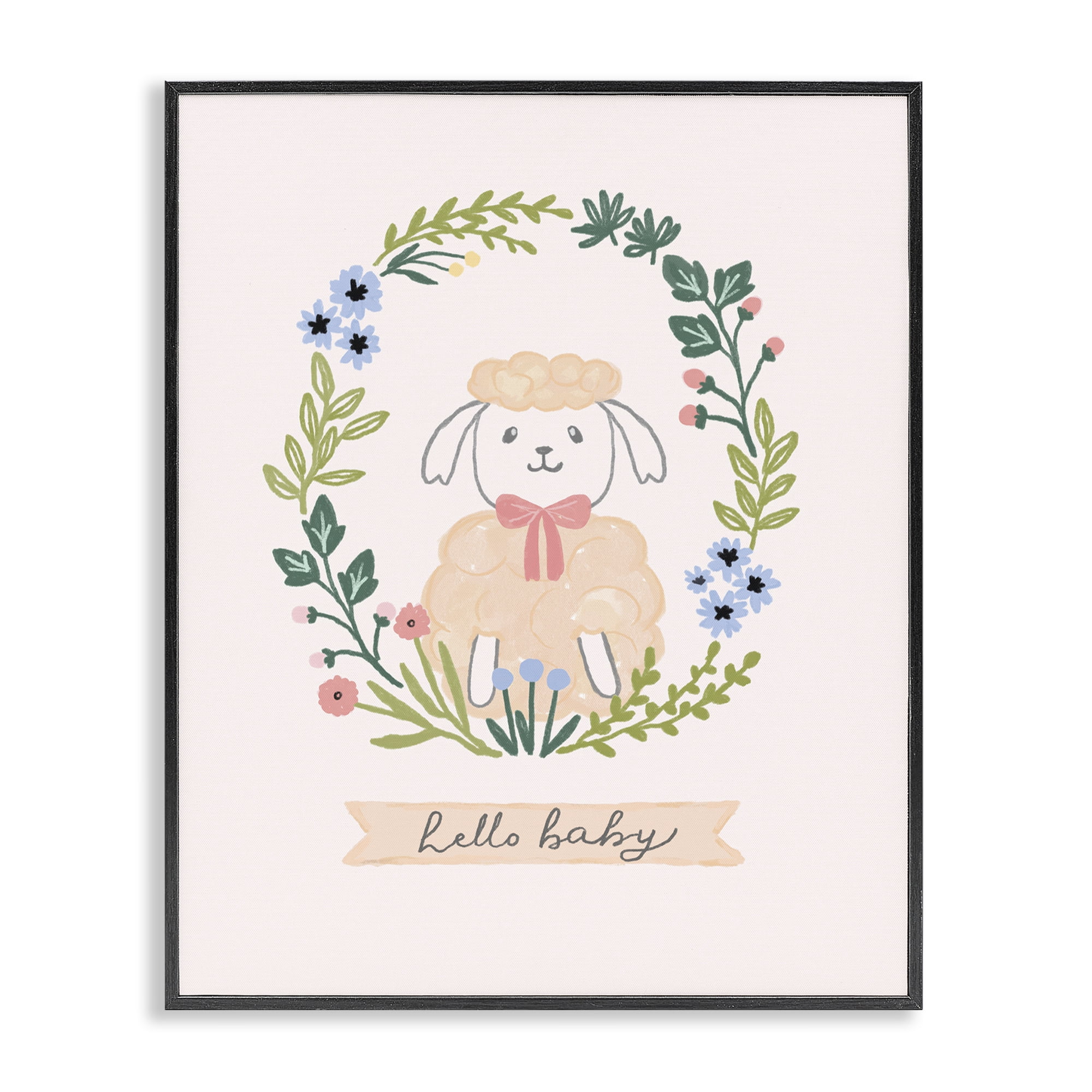 Stupell Industries Hello Baby Floral Lamb Animals Painting Black Framed Art Print Wall Art, 16 x 20
