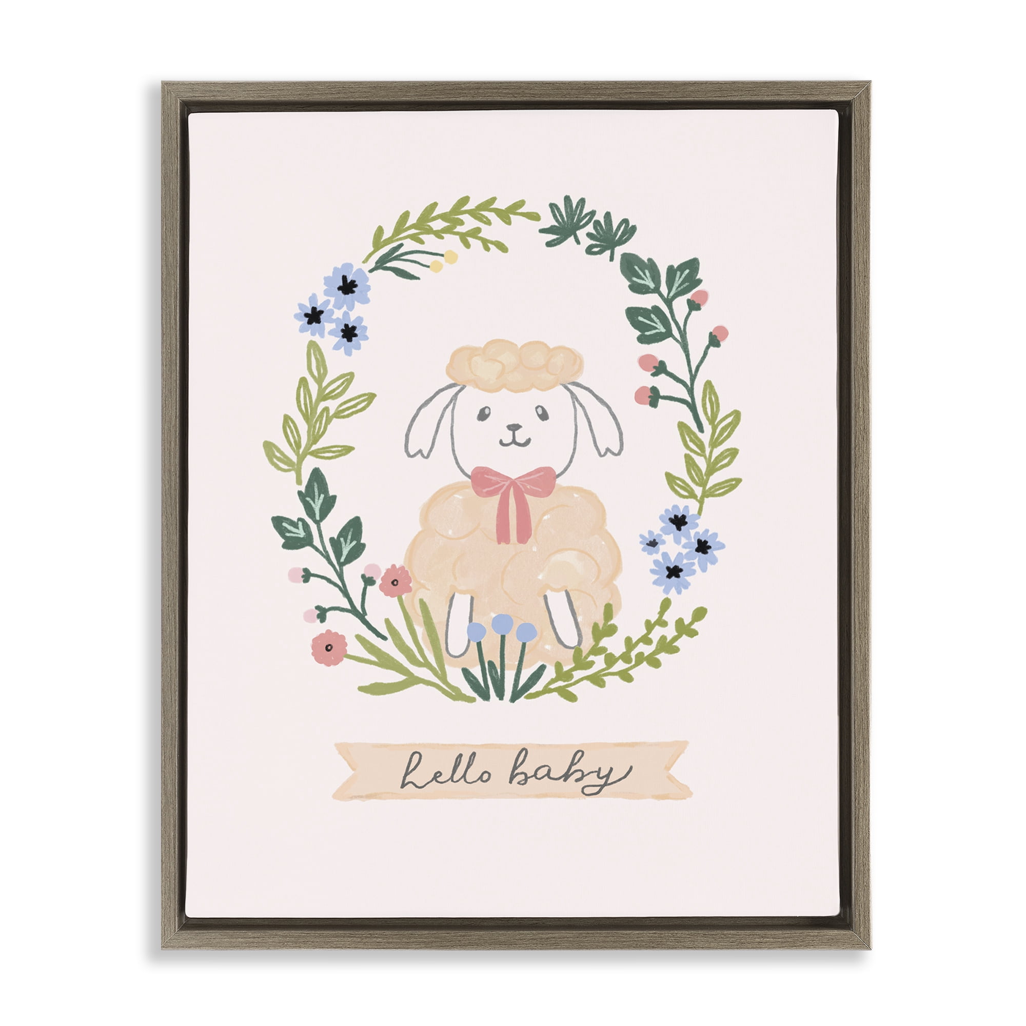 Stupell Industries Hello Baby Floral Lamb Animals Painting Brown Floater Framed Canvas Art Print Wall Art, 17 x 21