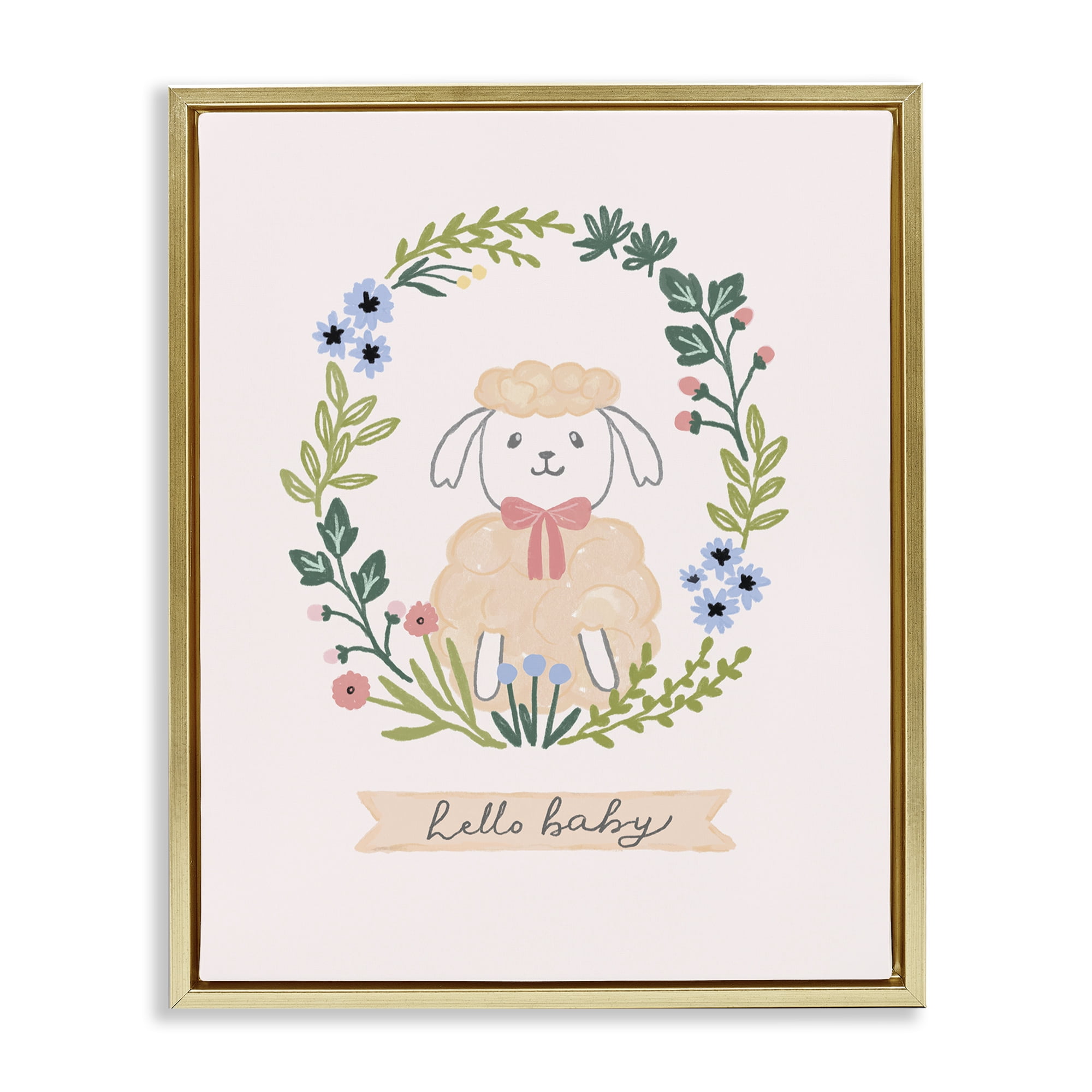 Stupell Industries Hello Baby Floral Lamb Animals Painting Gold Floater Framed Canvas Art Print Wall Art, 17 x 21