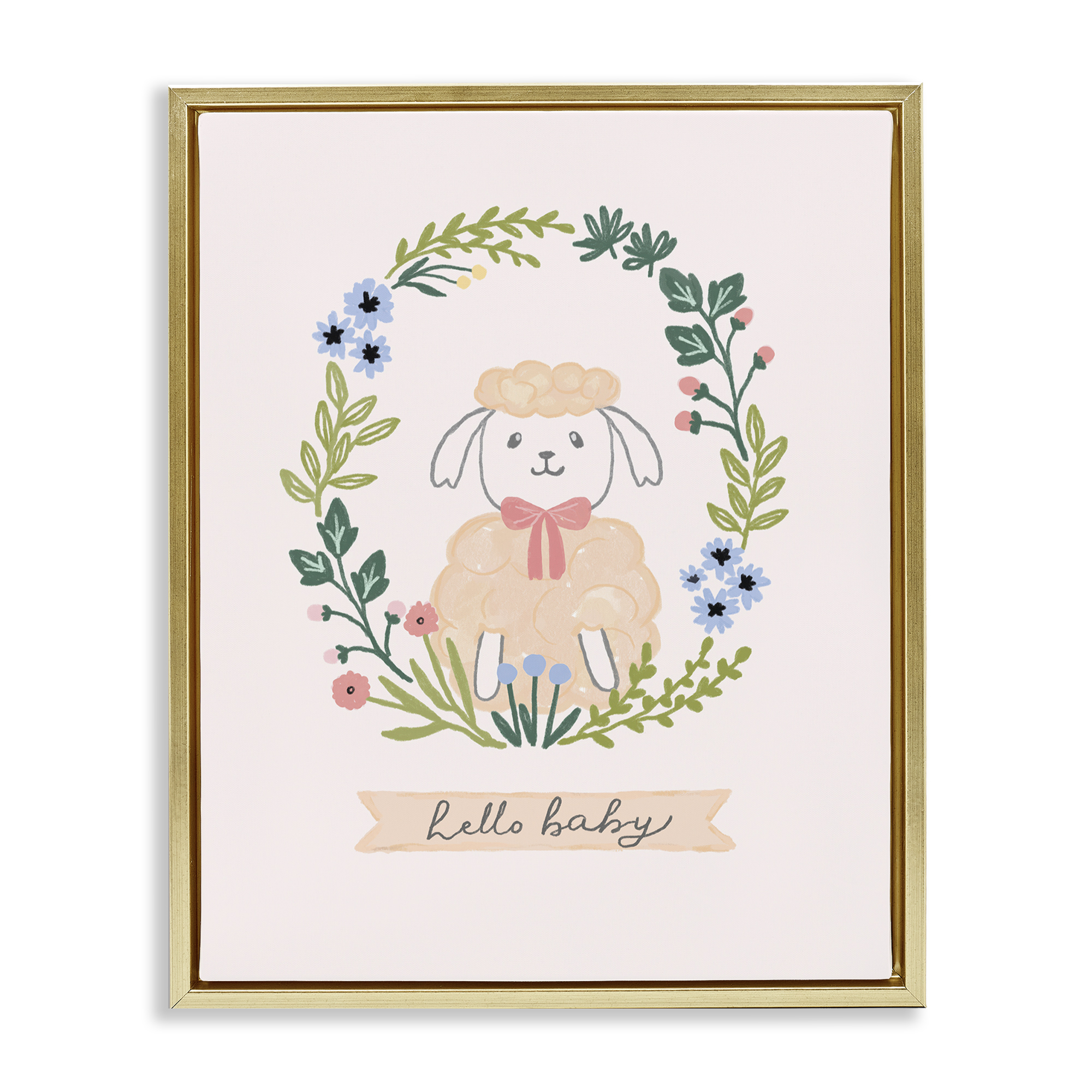 Stupell Industries Hello Baby Floral Lamb Animals Painting Gold Floater Framed Canvas Art Print Wall Art, 25 x 31