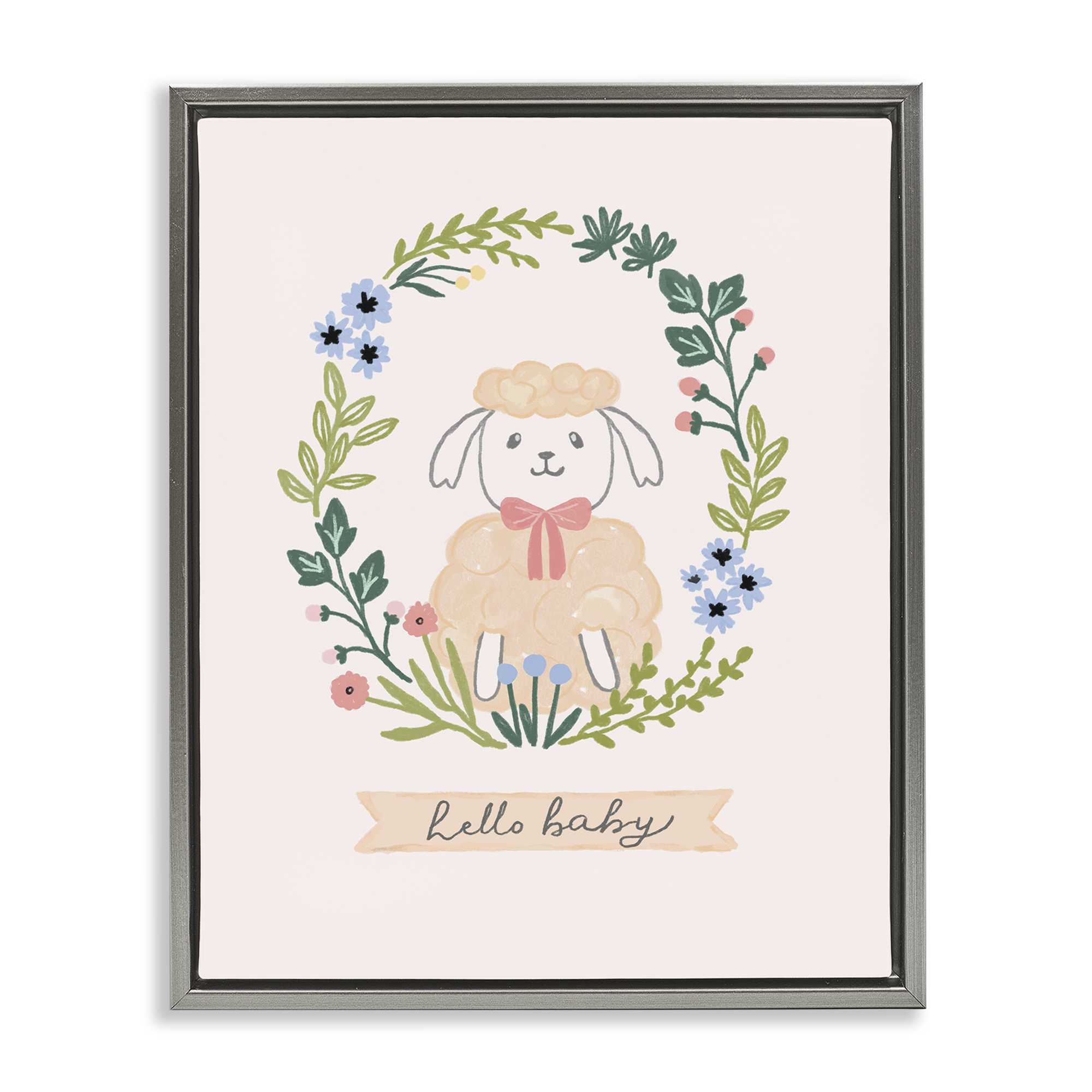 Stupell Industries Hello Baby Floral Lamb Animals Painting Gray Floater Framed Canvas Art Print Wall Art, 25 x 31