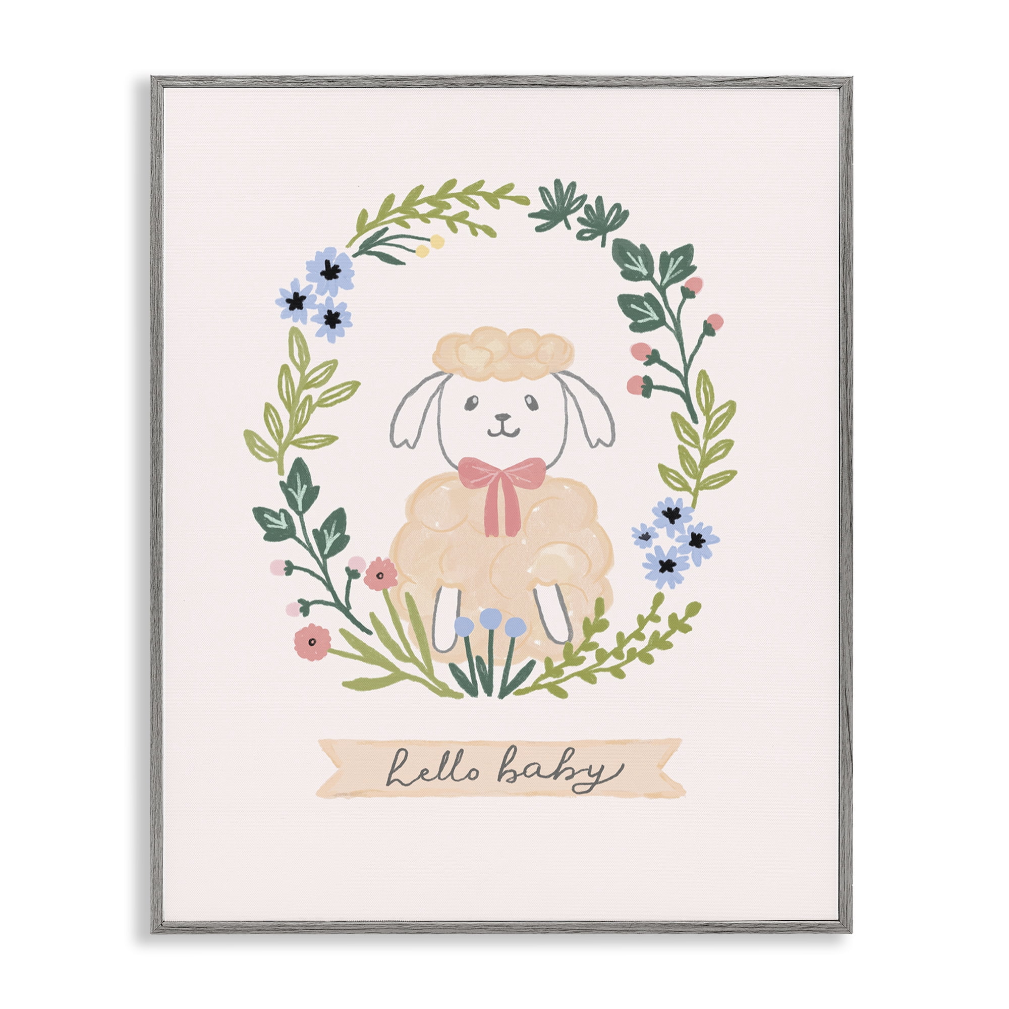 Stupell Industries Hello Baby Floral Lamb Animals Painting Gray Framed Art Print Wall Art, 24 x 30