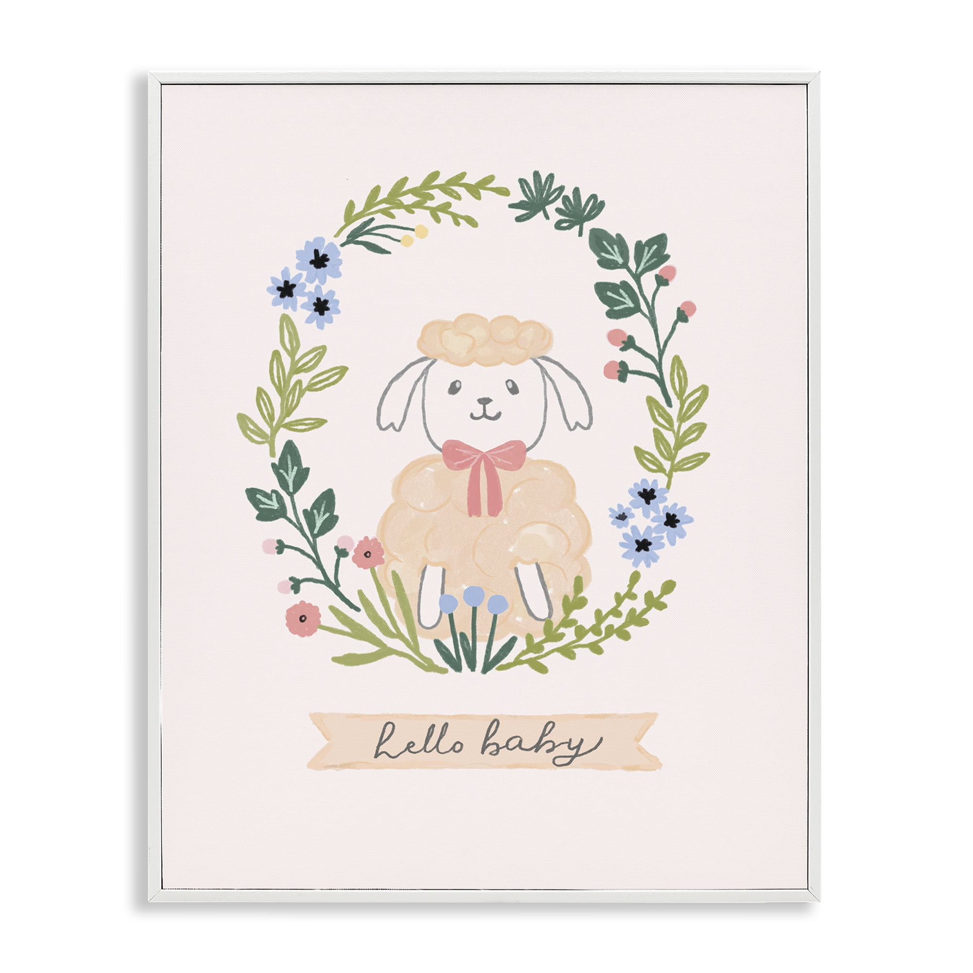 Stupell Industries Hello Baby Floral Lamb Animals Painting White Framed Art Print Wall Art, 16 x 20