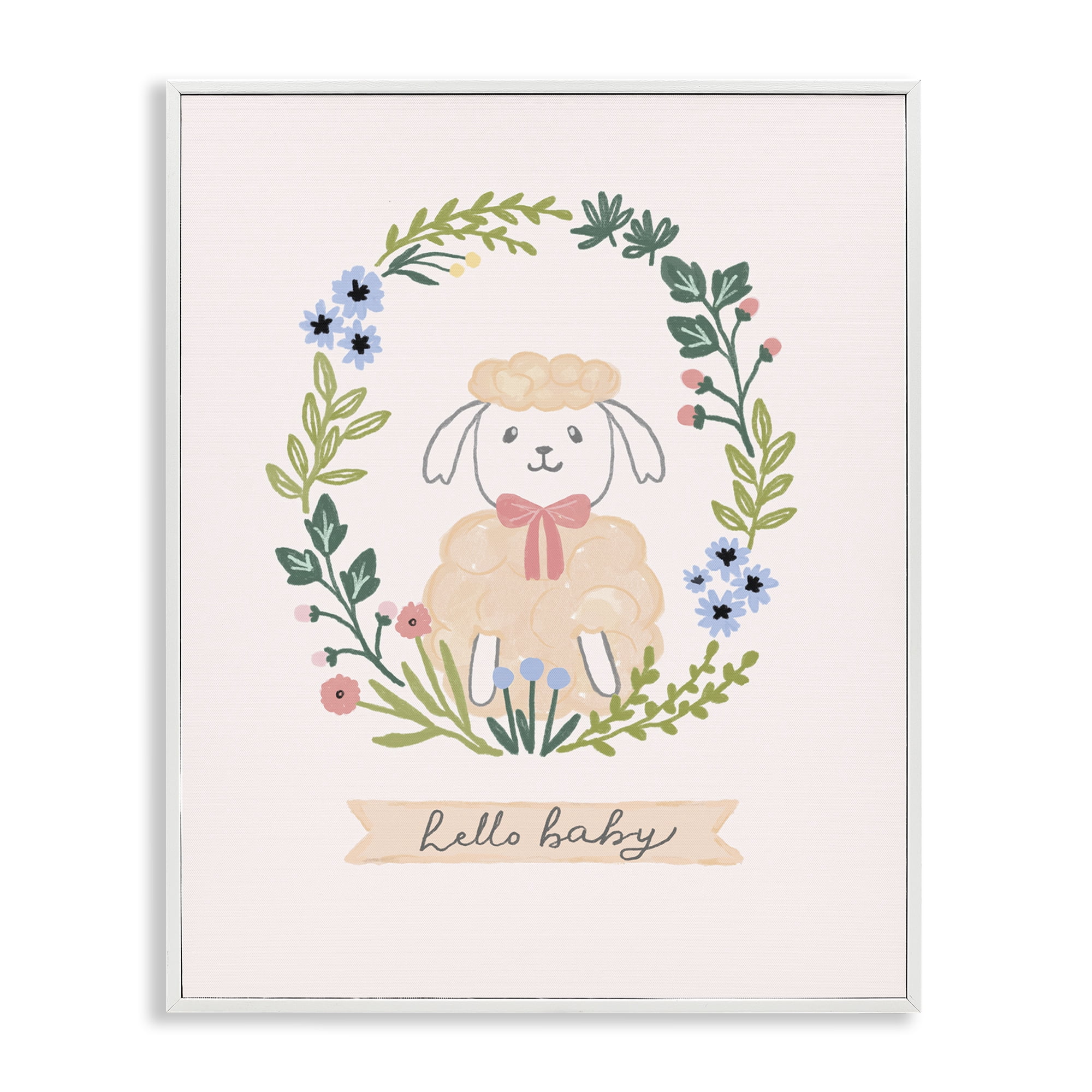 Stupell Industries Hello Baby Floral Lamb Animals Painting White Framed Art Print Wall Art, 24 x 30