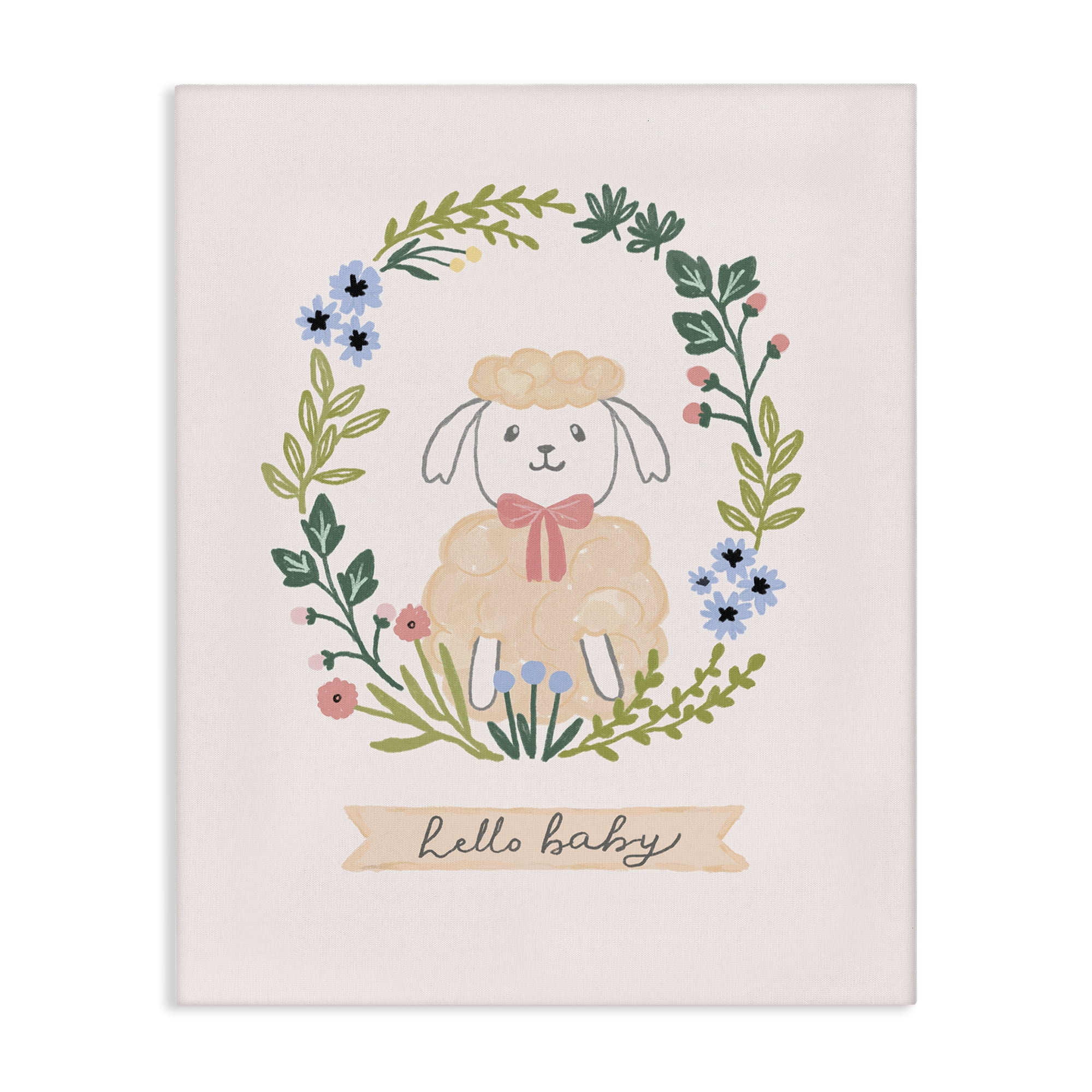 Stupell Industries Hello Baby Floral Lamb Animals Painting Wrapped Canvas Art Print Wall Art, 36 x 48