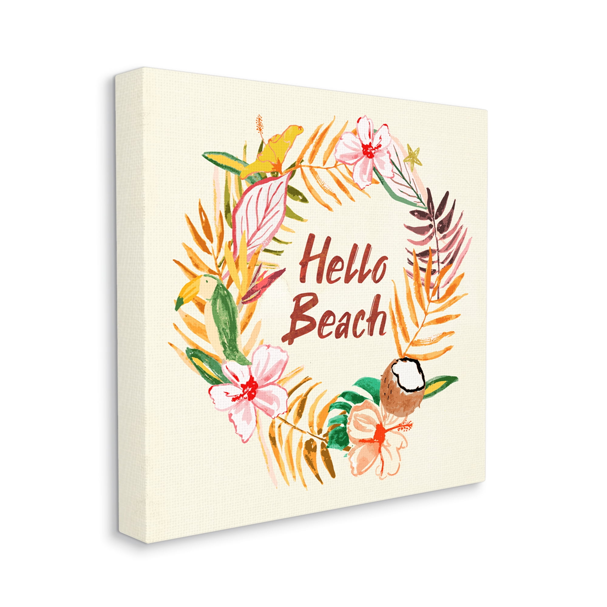 Stupell Industries Hello Beach Greeting Warm Tropical Palm Wreath Inspirational Painting Gallery Wrapped Canvas Print Wall Art, 30 x 30
