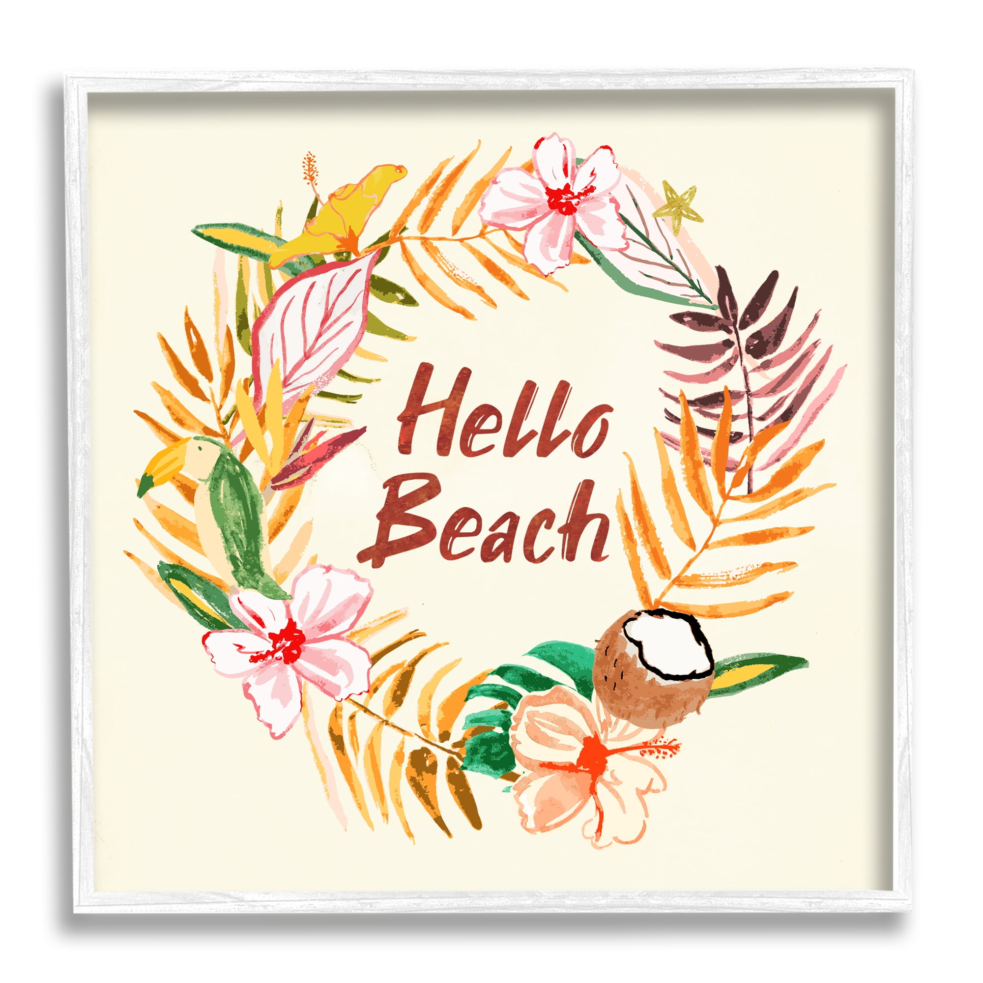 Stupell Industries Hello Beach Greeting Warm Tropical Palm Wreath Inspirational Painting White Framed Art Print Wall Art, 12 x 12