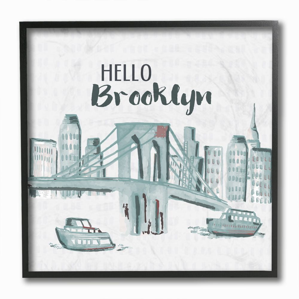 Stupell Industries Hello Brooklyn Bridge Cityscape Watercolor Design Framed Wall Art by Cindy Willingham, 12" x 12", Black Framed