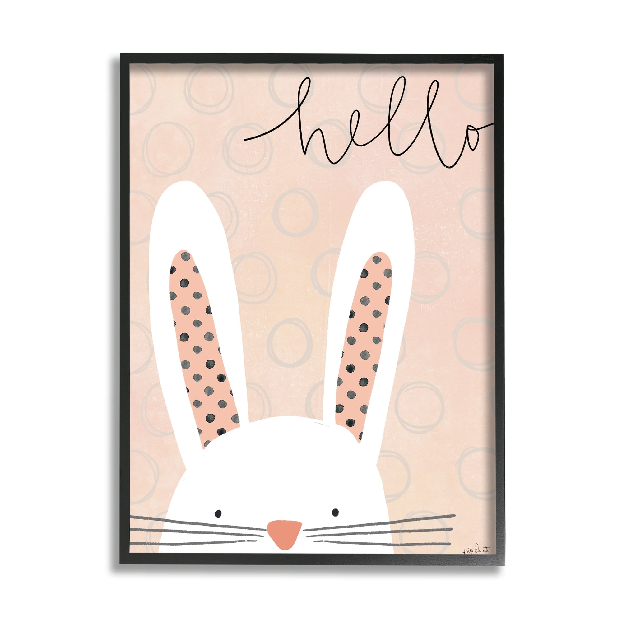 Stupell Industries Hello Bunny Phrase Baby Rabbit Polka Dot Patterns Graphic Art Black Framed Art Print Wall Art, 16x20, by Katie Doucette