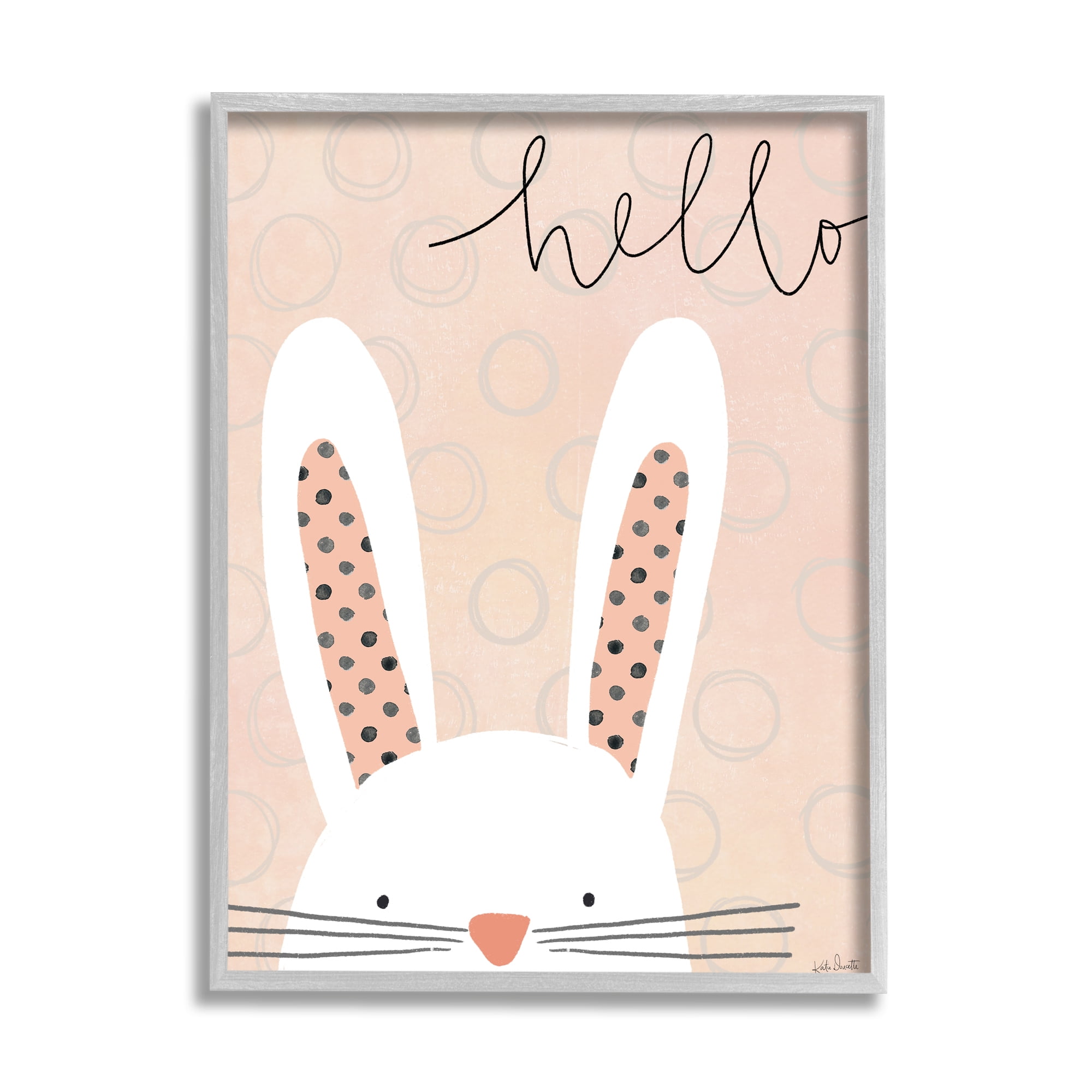 Stupell Industries Hello Bunny Phrase Baby Rabbit Polka Dot Patterns Graphic Art Gray Framed Art Print Wall Art, 11x14, by Katie Doucette