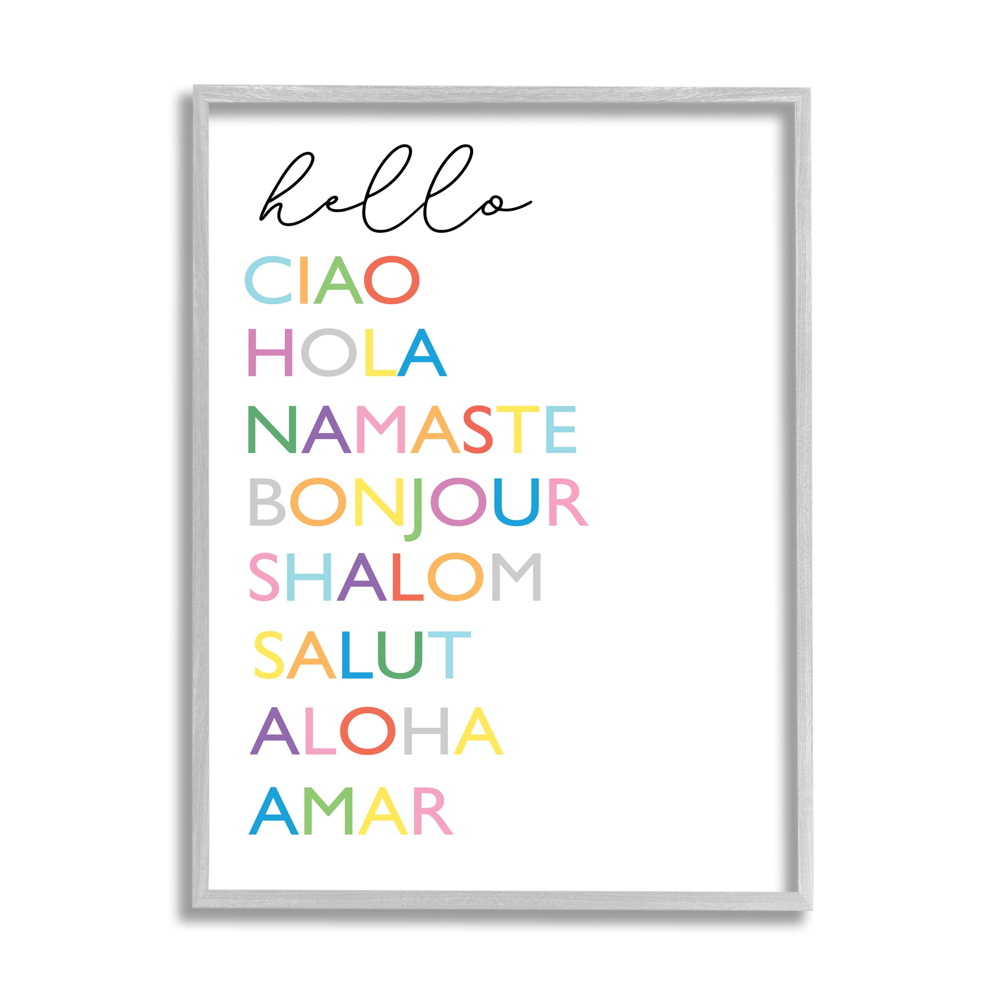 Stupell Industries Hello Ciao Hola Namaste Greetings Rainbow Typography Graphic Art Gray Framed Art Print Wall Art, 11x14, by Elizabeth Tyndall