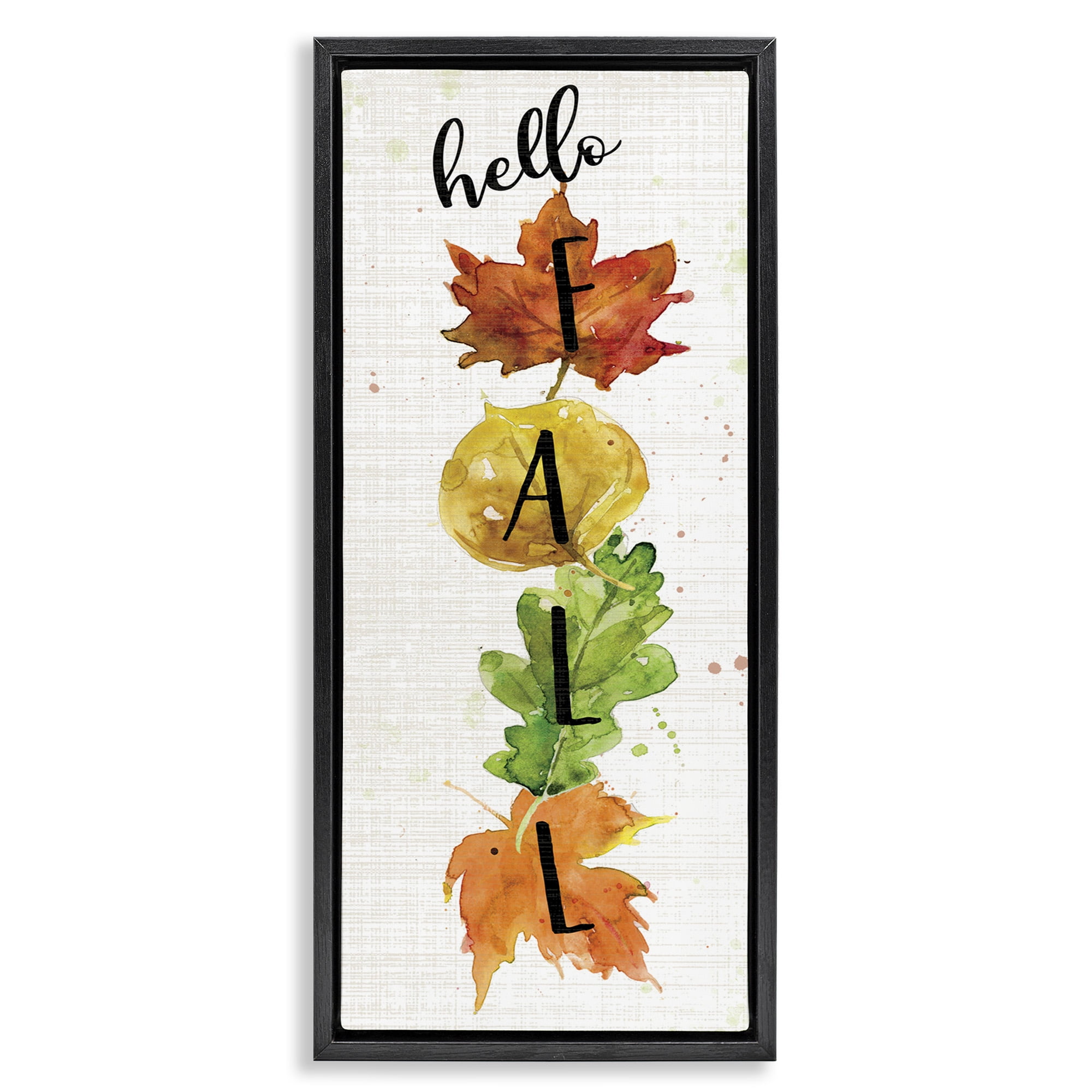 Stupell Industries Hello Fall Autumn Greeting Botanical & Floral Painting Black Floater Framed Canvas Art Print Wall Art, 15 x 31