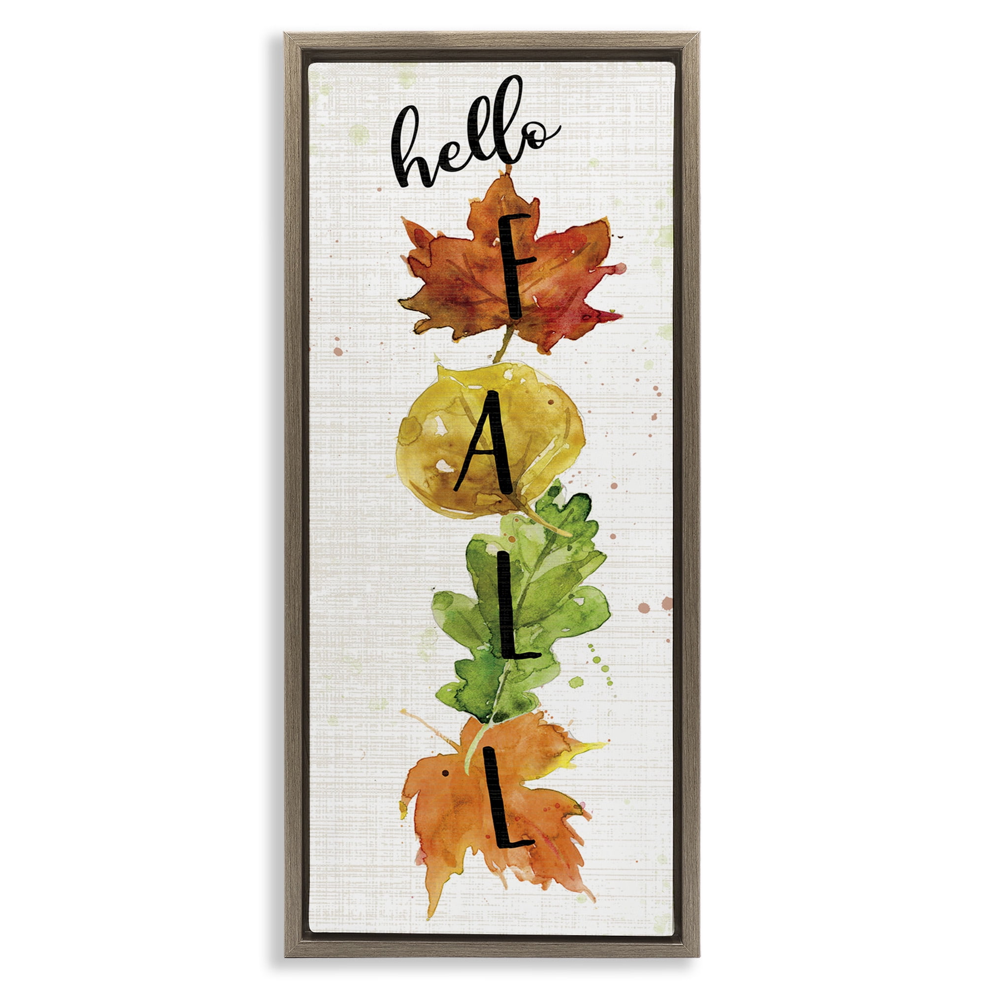 Stupell Industries Hello Fall Autumn Greeting Botanical & Floral Painting Brown Floater Framed Canvas Art Print Wall Art, 15 x 31