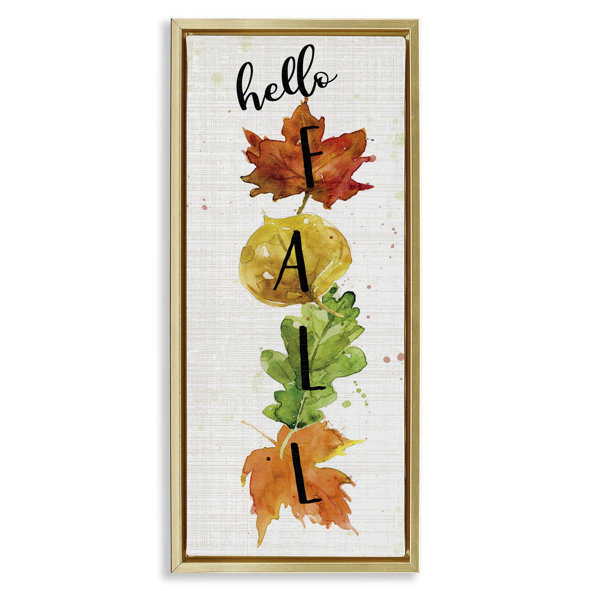 Stupell Industries Hello Fall Autumn Greeting Botanical & Floral Painting Gold Floater Framed Canvas Art Print Wall Art, 15 x 31