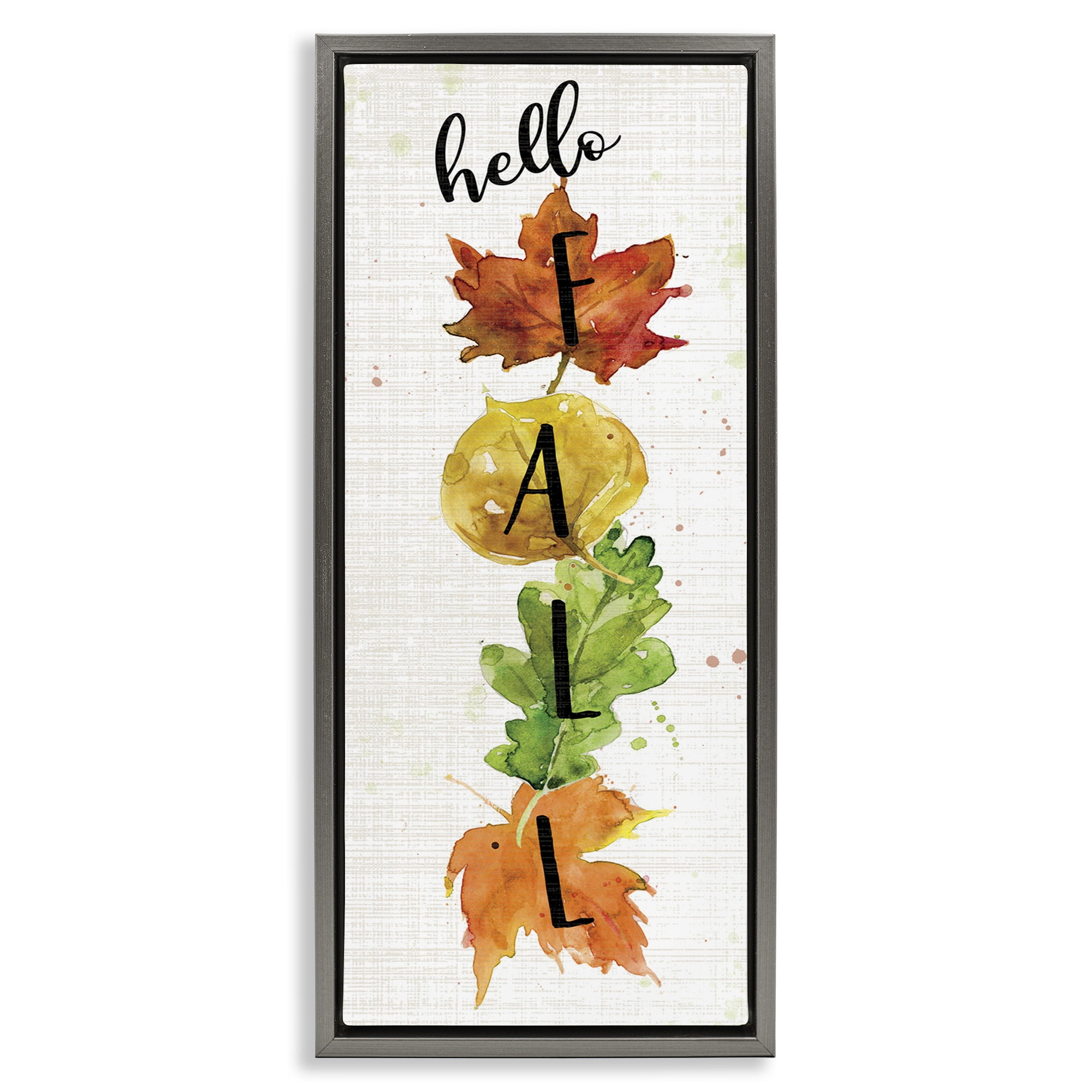 Stupell Industries Hello Fall Autumn Greeting Botanical & Floral Painting Gray Floater Framed Canvas Art Print Wall Art, 15 x 31