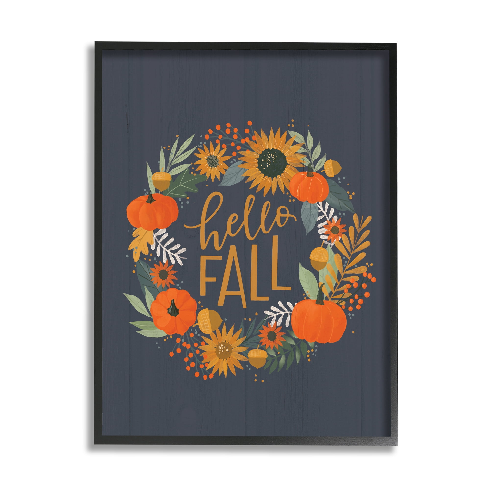 Stupell Industries Hello Fall Autumn Greeting Sunflower Pumpkin Wreath Graphic Art Black Framed Art Print Wall Art, 24x30, by Loni Harris