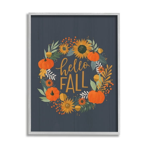 Stupell Industries Hello Fall Autumn Greeting Sunflower Pumpkin Wreath Graphic Art Gray Framed Art Print Wall Art, 11x14, by Loni Harris