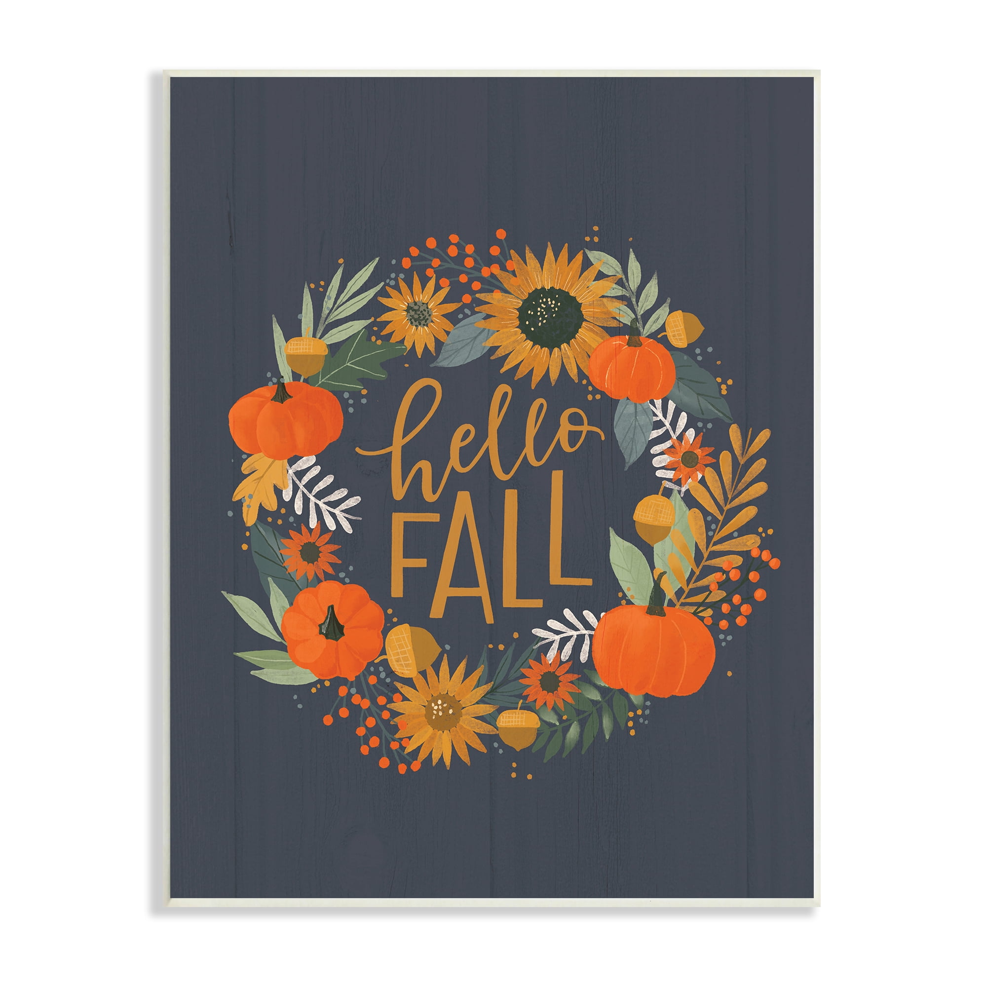 Stupell Industries Hello Fall Autumn Greeting Sunflower Pumpkin Wreath Graphic Art Unframed Art Print Wall Art, 10x15, by Loni Harris
