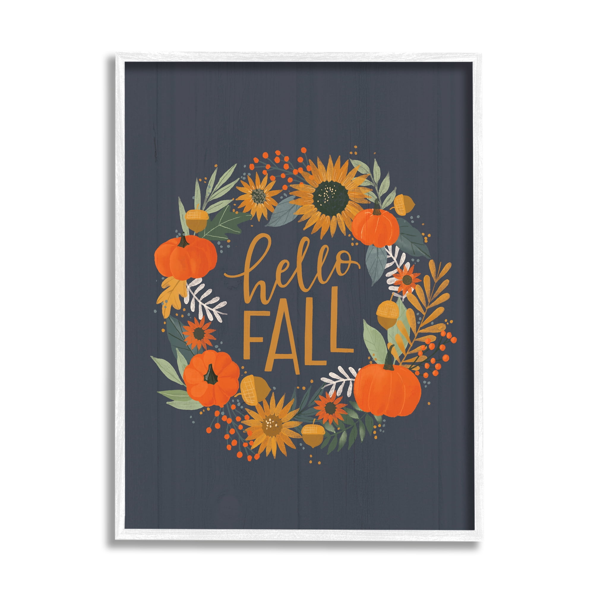 Stupell Industries Hello Fall Autumn Greeting Sunflower Pumpkin Wreath Novelty Painting White Framed Art Print Wall Art, 24 x 30, Design by Loni Harris
