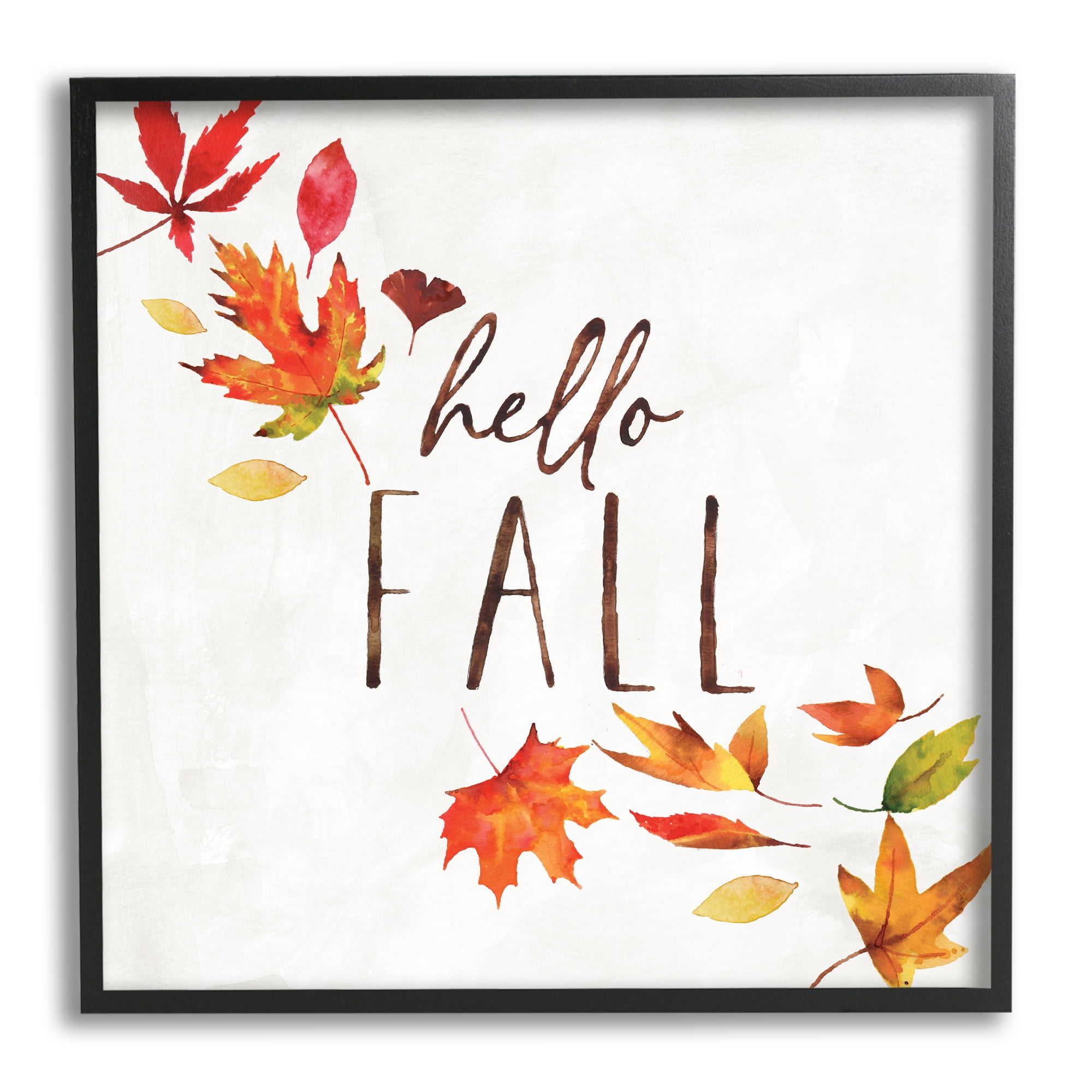 Stupell Industries Hello Fall Autumn Tree Leaves Seasonal Statement Botanical & Floral Painting Black Framed Art Print Wall Art, 12 x 12