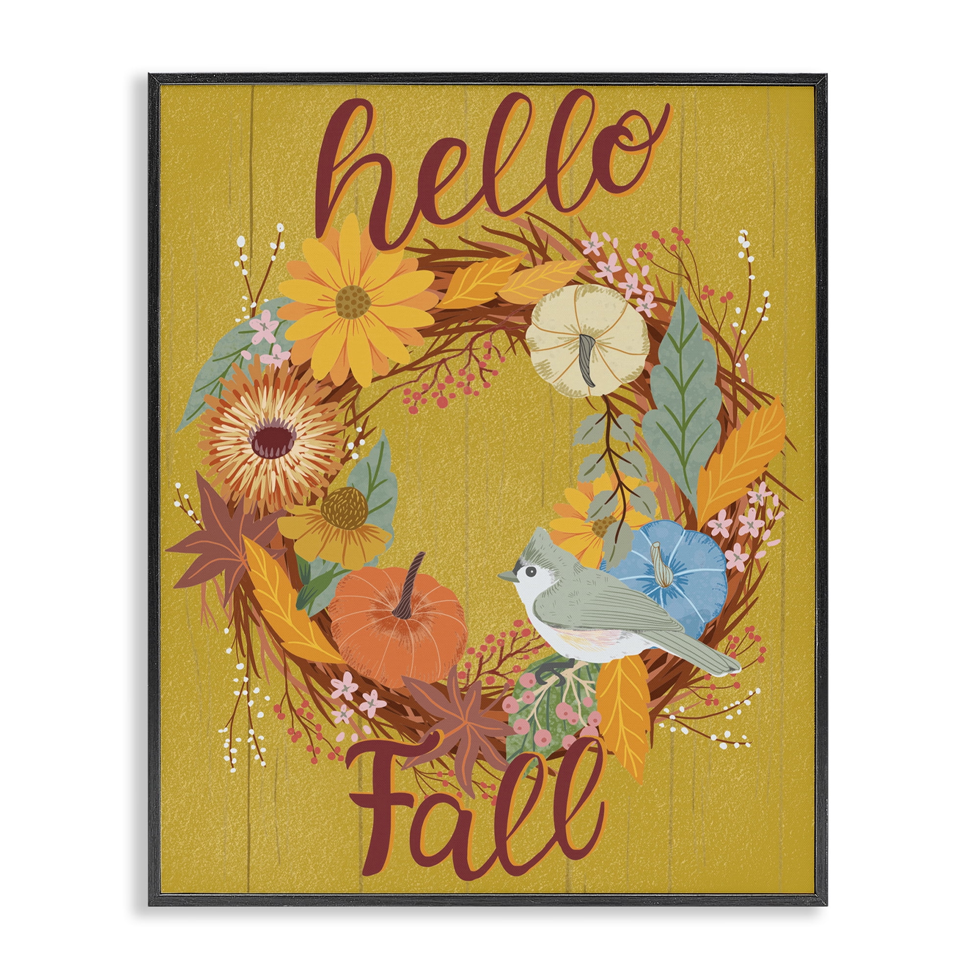 Stupell Industries Hello Fall Bird Wreath Animals Painting Black Framed Art Print Wall Art, 16 x 20